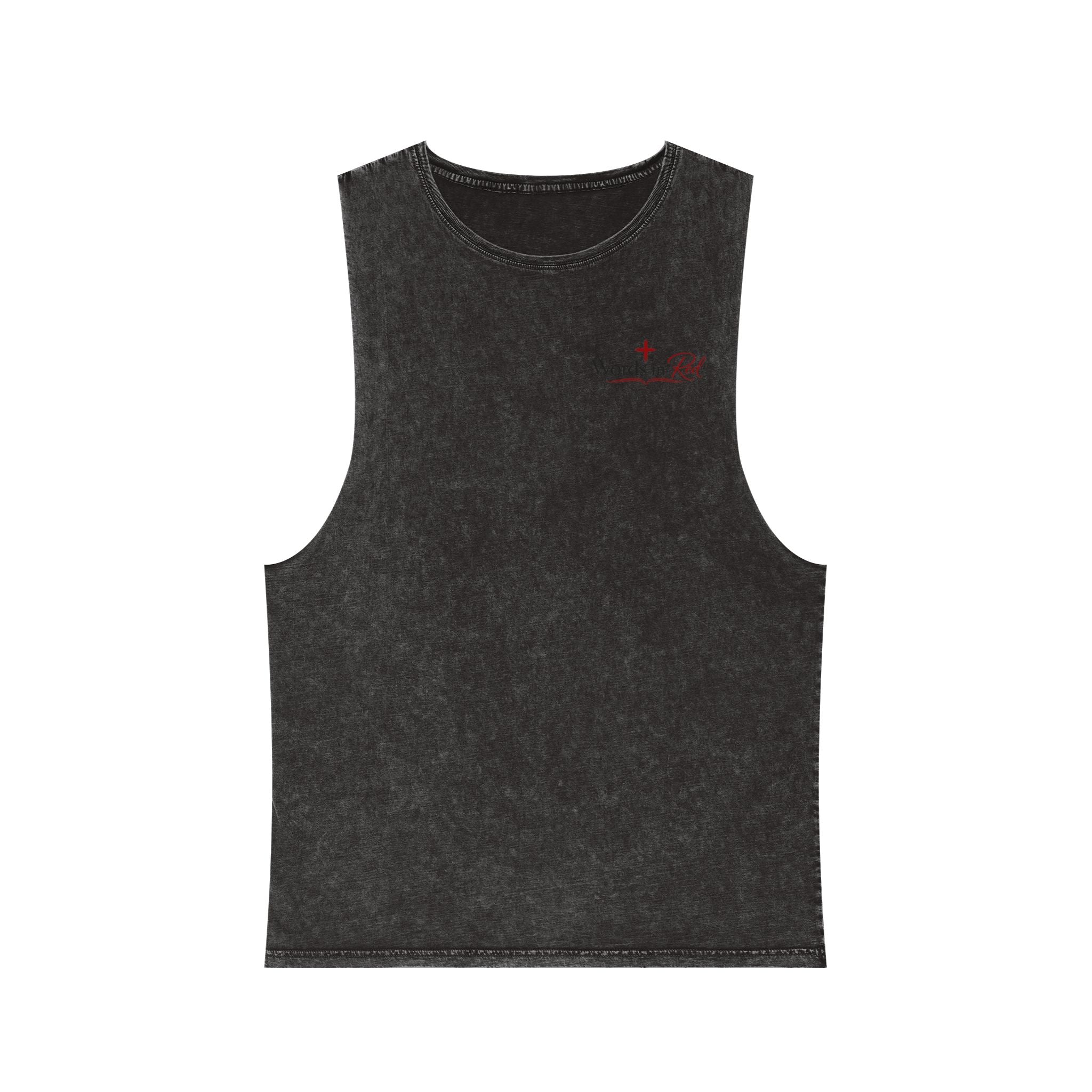 Stonewash Tank Top with Red Scripture Print — "Love one another as I have loved you" (John 13:34)