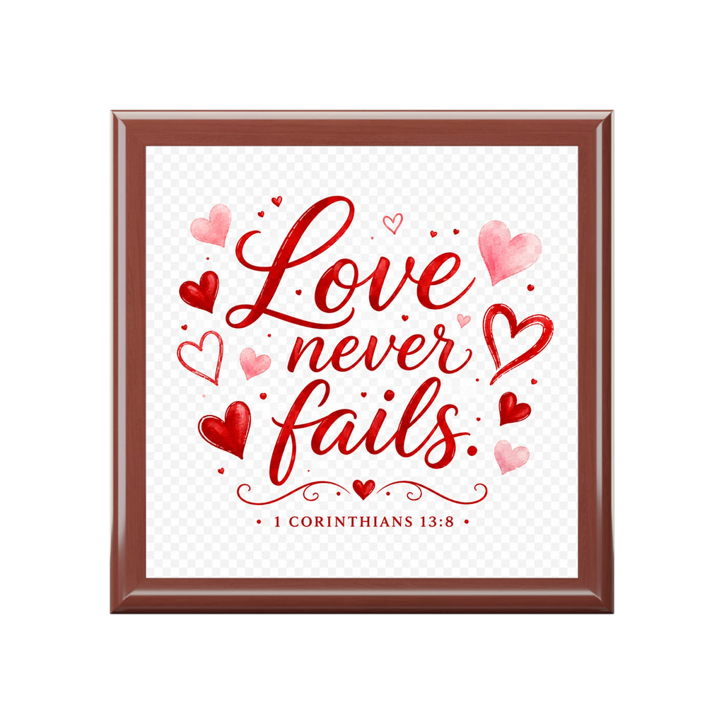 Jewelry Box — "Love Never Fails" Valentines Keepsake Box (1 Corinthians 13:8)
