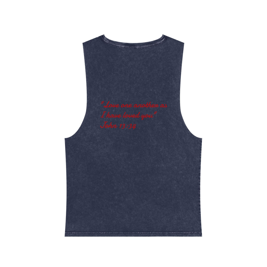 Stonewash Tank Top with Red Scripture Print — "Love one another as I have loved you" (John 13:34)