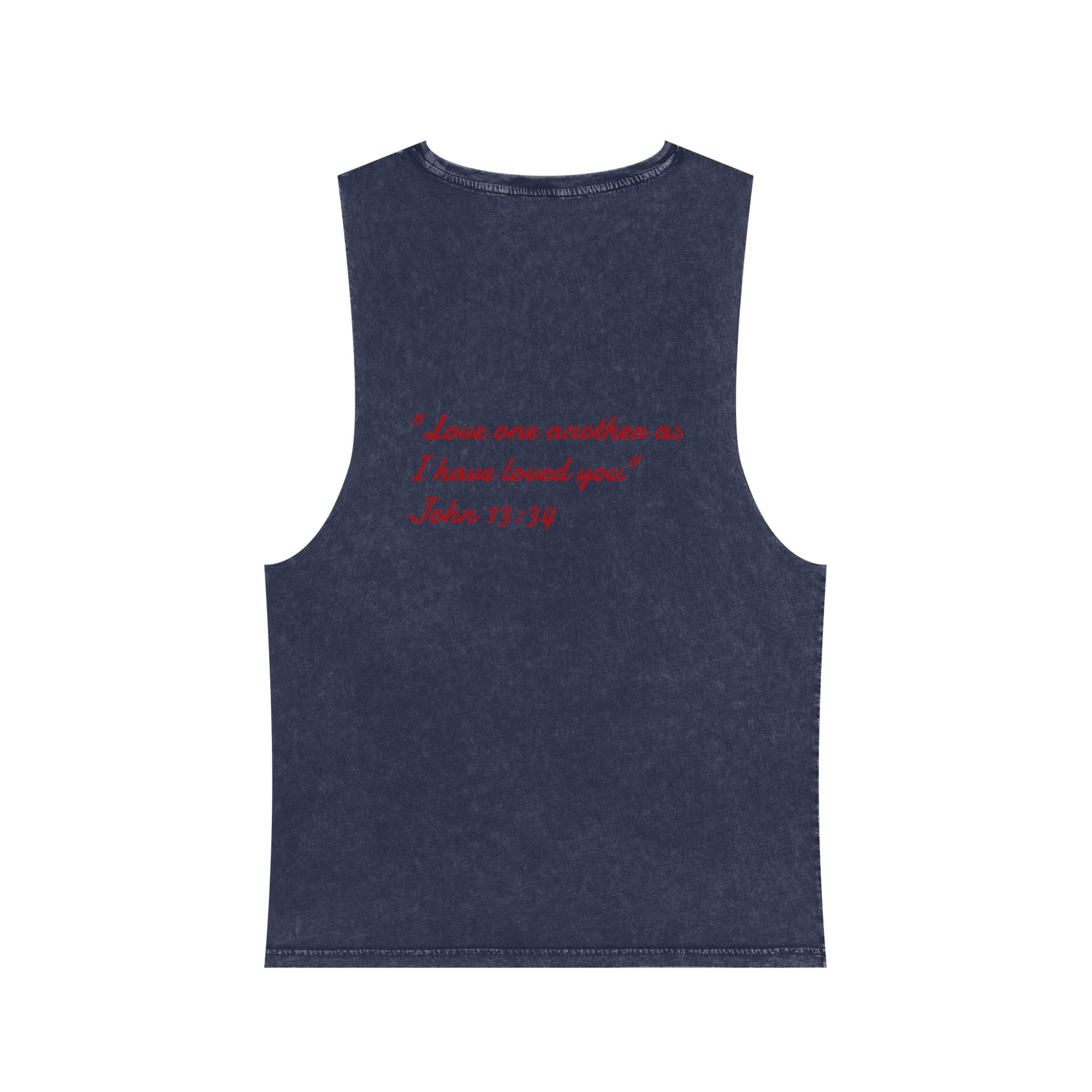 Stonewash Tank Top with Red Scripture Print — "Love one another as I have loved you" (John 13:34)