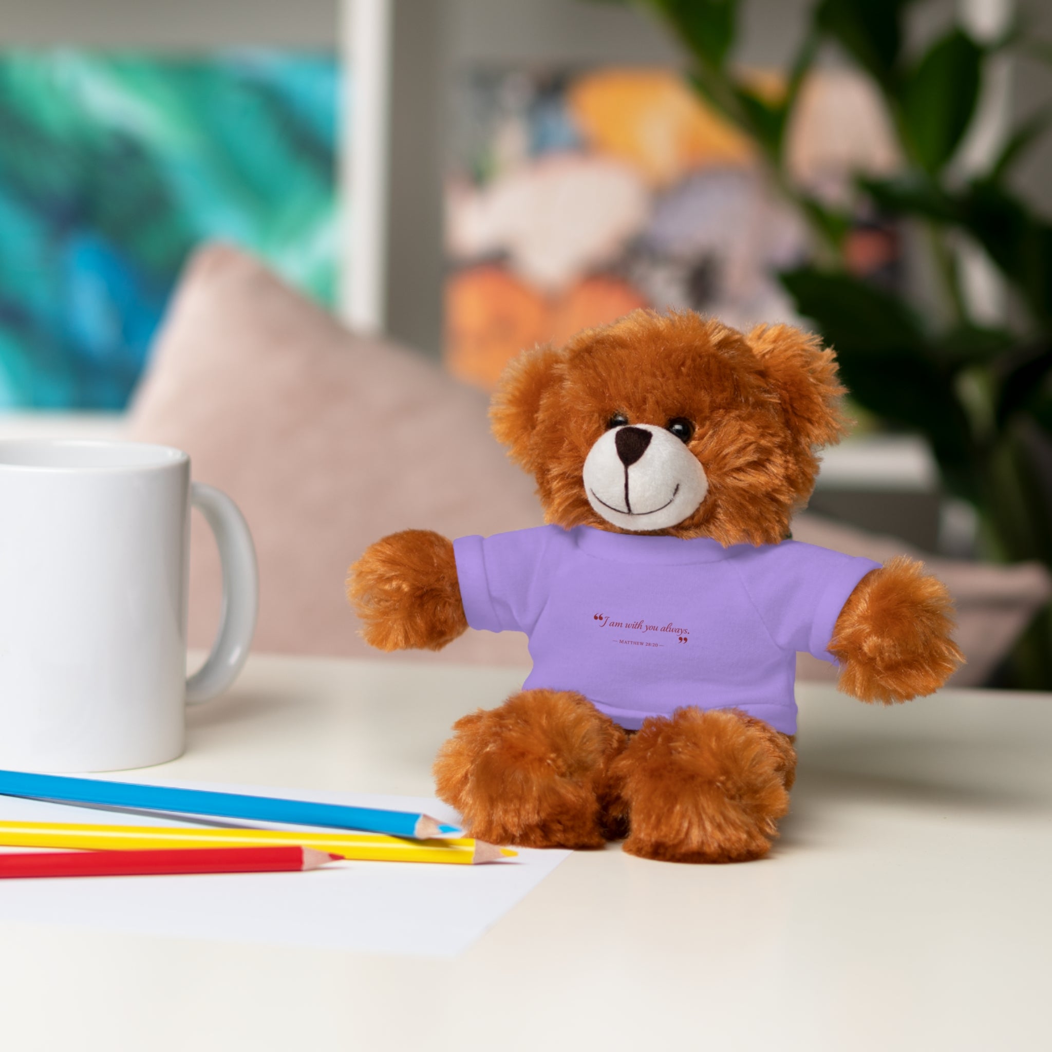 Plush Bear with “I am with you always.” — Matthew 28:20 Custom Tee – Soft Brown Teddy Gift
