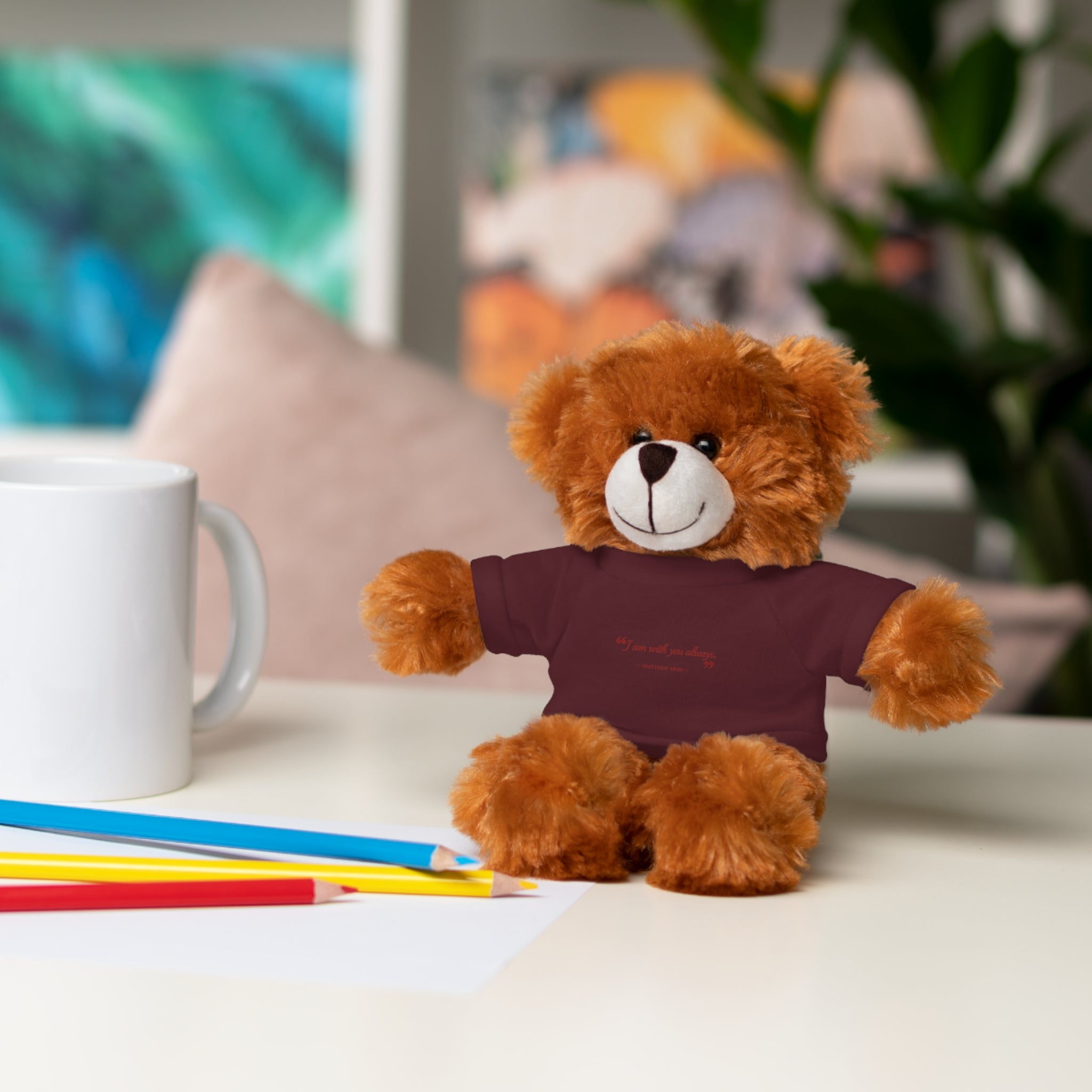 Plush Bear with “I am with you always.” — Matthew 28:20 Custom Tee – Soft Brown Teddy Gift