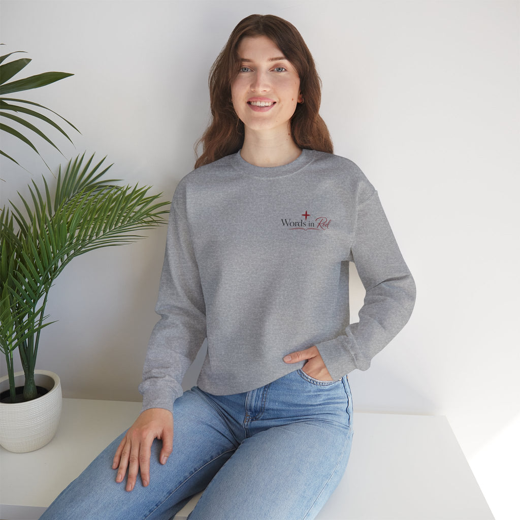 Crewneck Sweatshirt — "Words in Red" Christian Verse Comfort Pullover