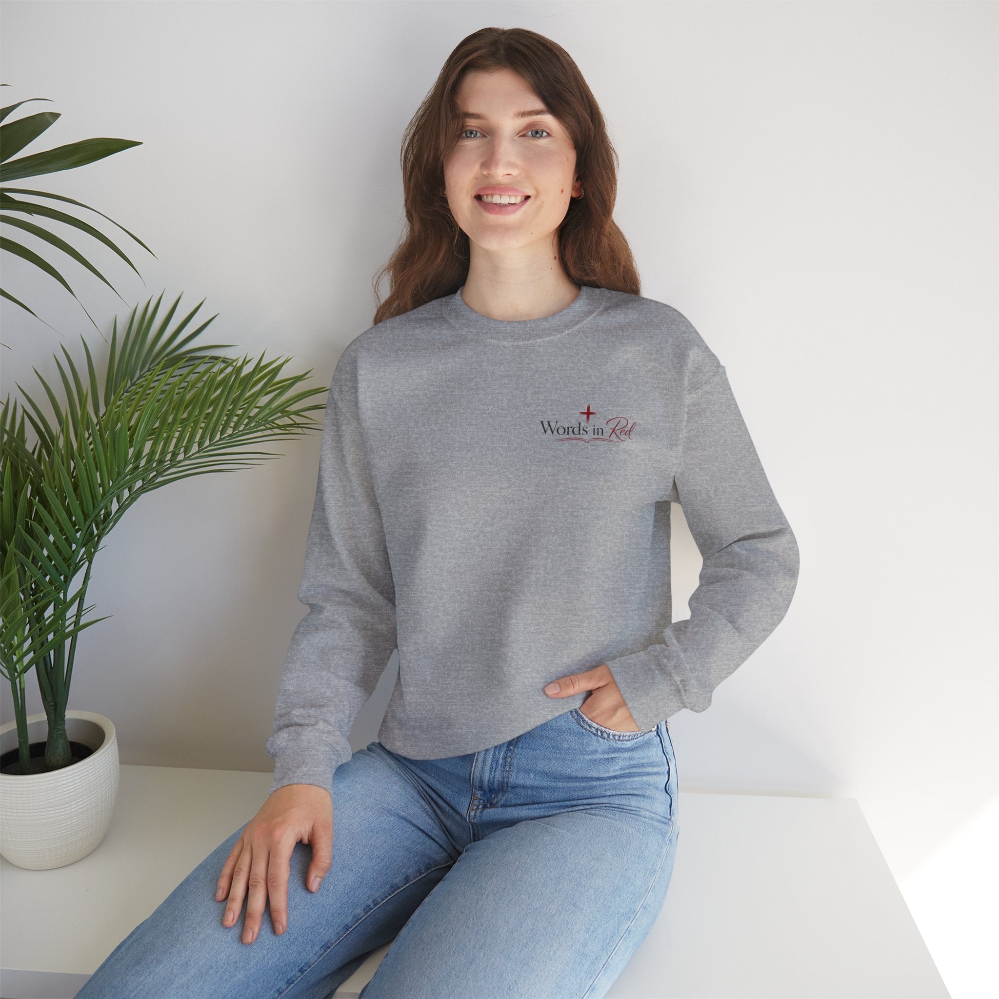 Crewneck Sweatshirt — "Words in Red" Christian Verse Comfort Pullover