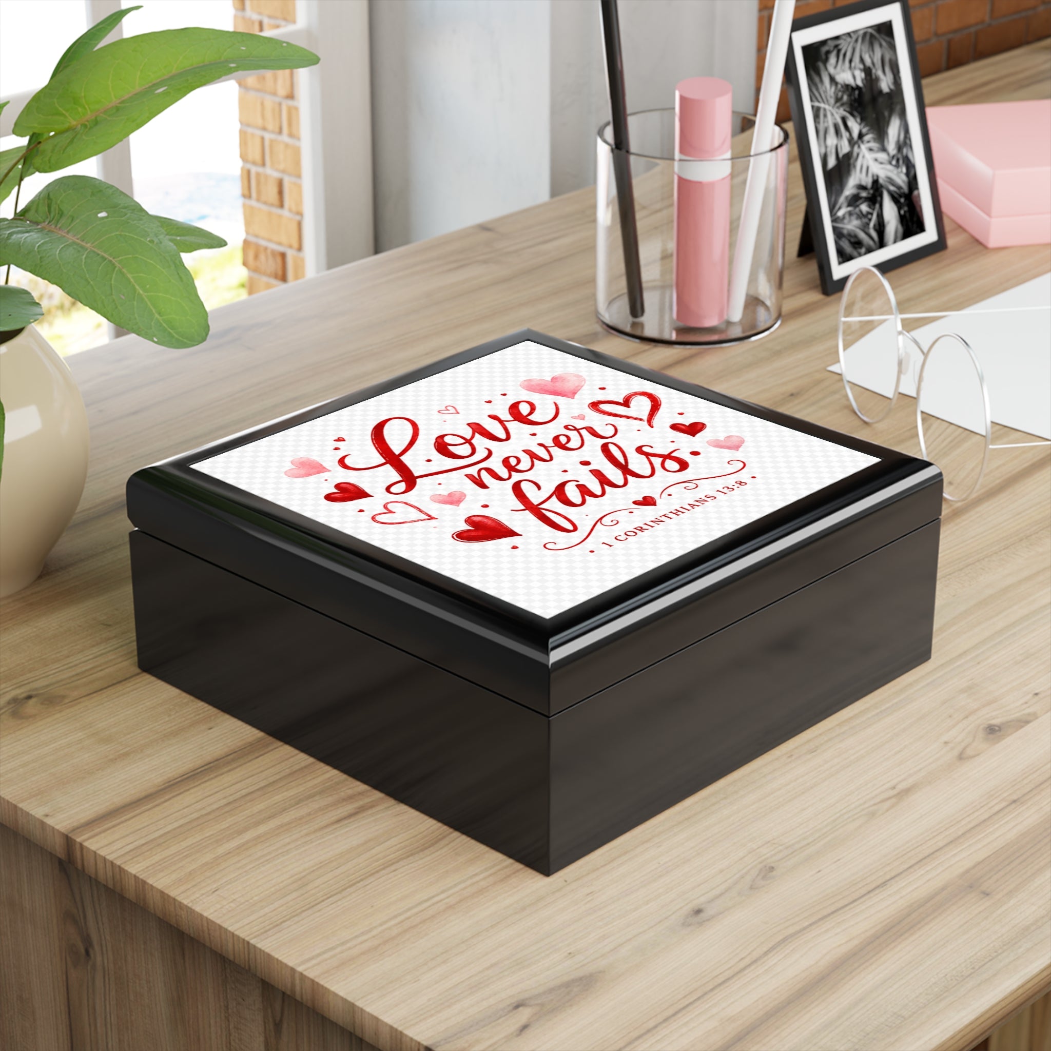 Jewelry Box — "Love Never Fails" Valentines Keepsake Box (1 Corinthians 13:8)