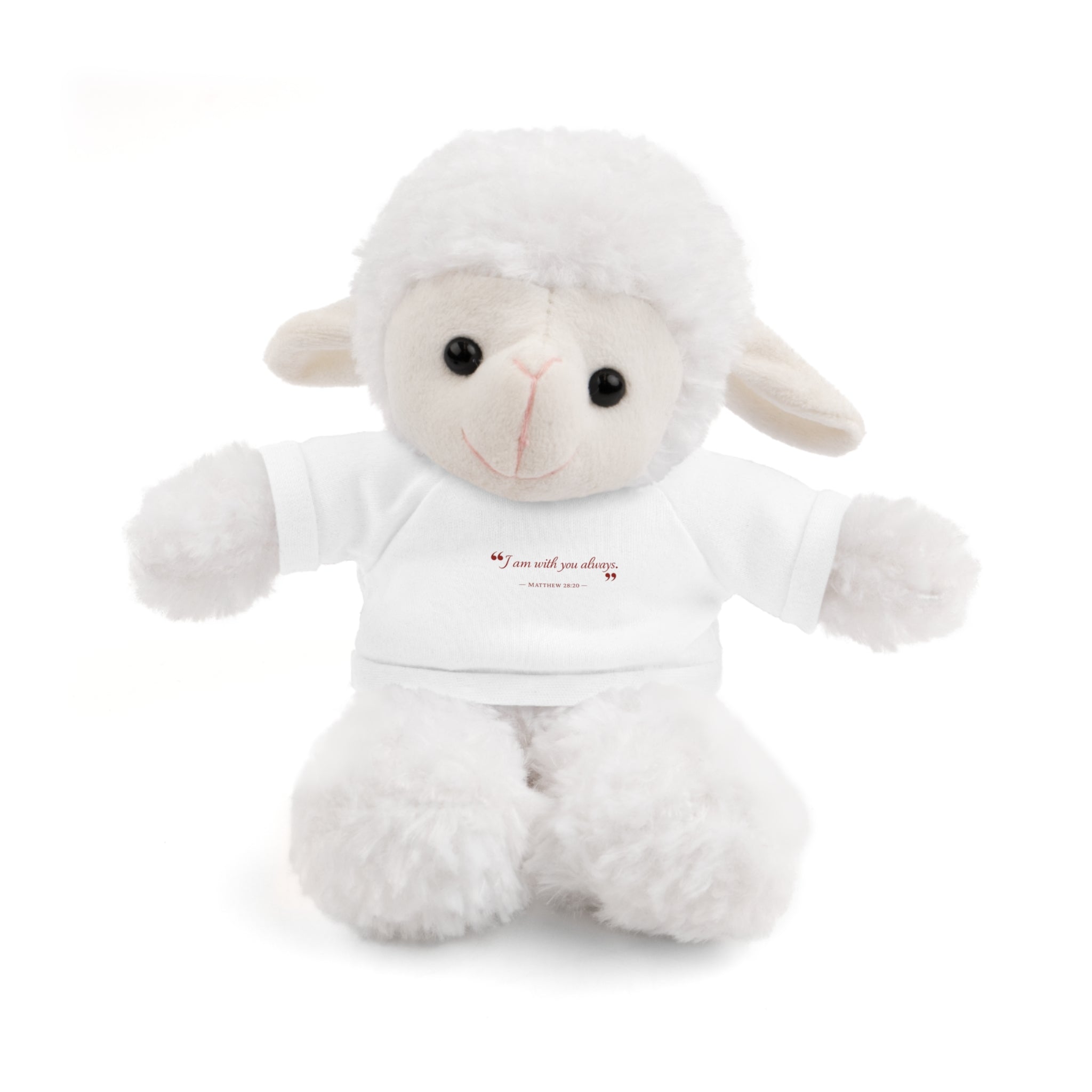 Plush Bear with “I am with you always.” — Matthew 28:20 Custom Tee – Soft Brown Teddy Gift