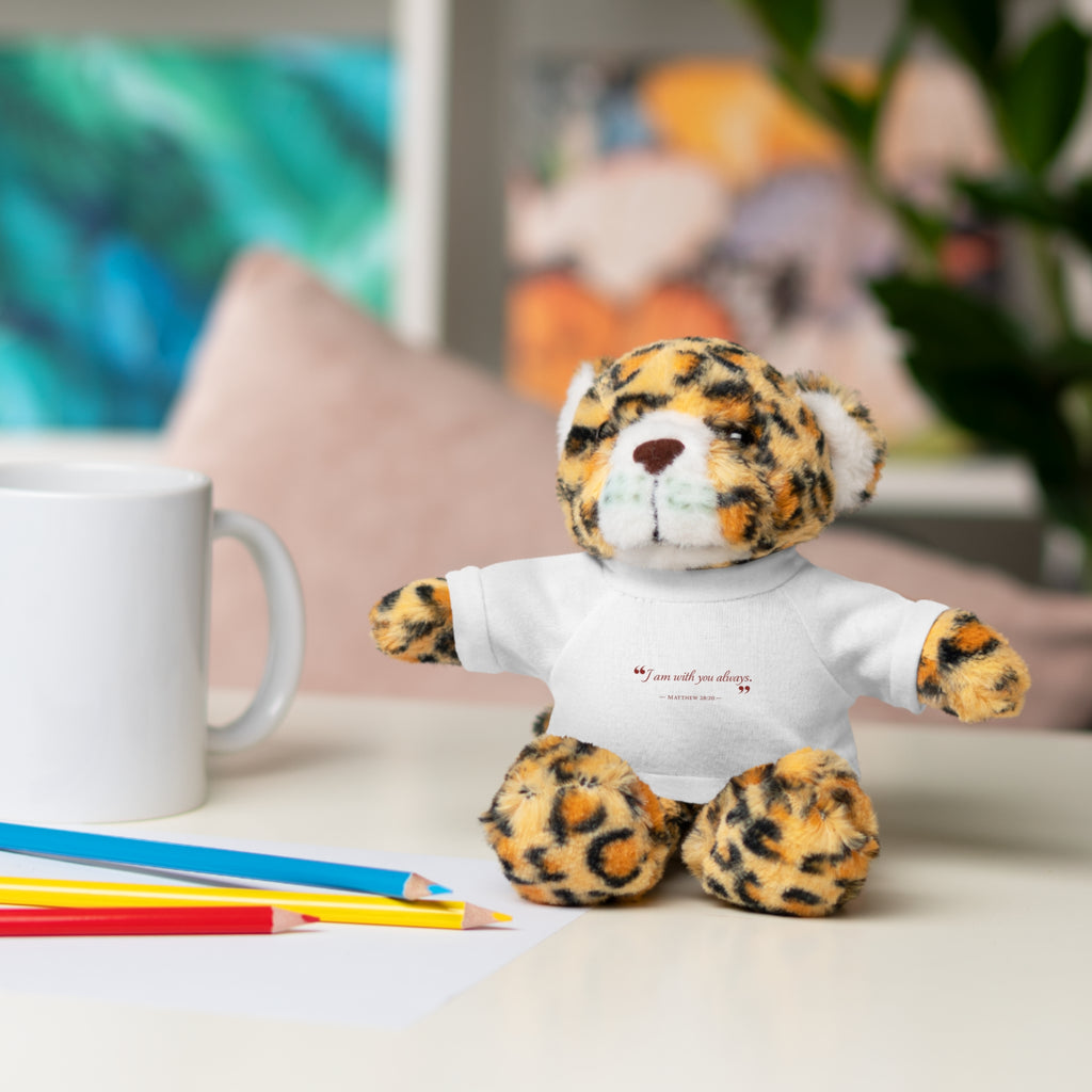 Plush Bear with “I am with you always.” — Matthew 28:20 Custom Tee – Soft Brown Teddy Gift