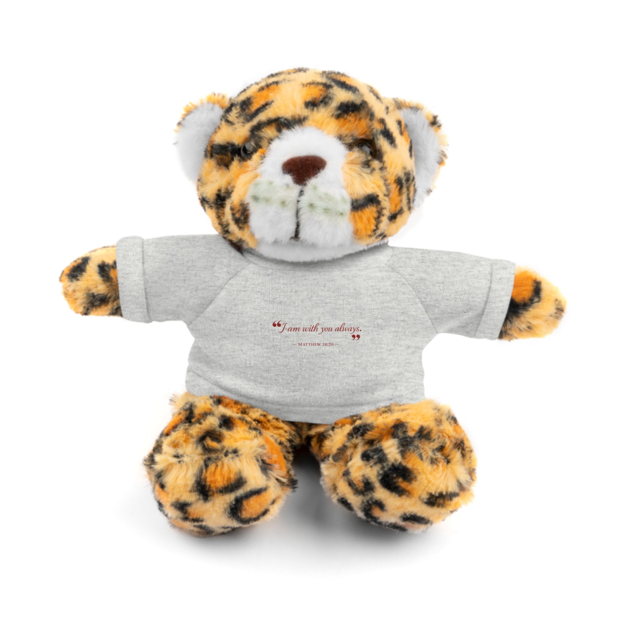 Plush Bear with “I am with you always.” — Matthew 28:20 Custom Tee – Soft Brown Teddy Gift