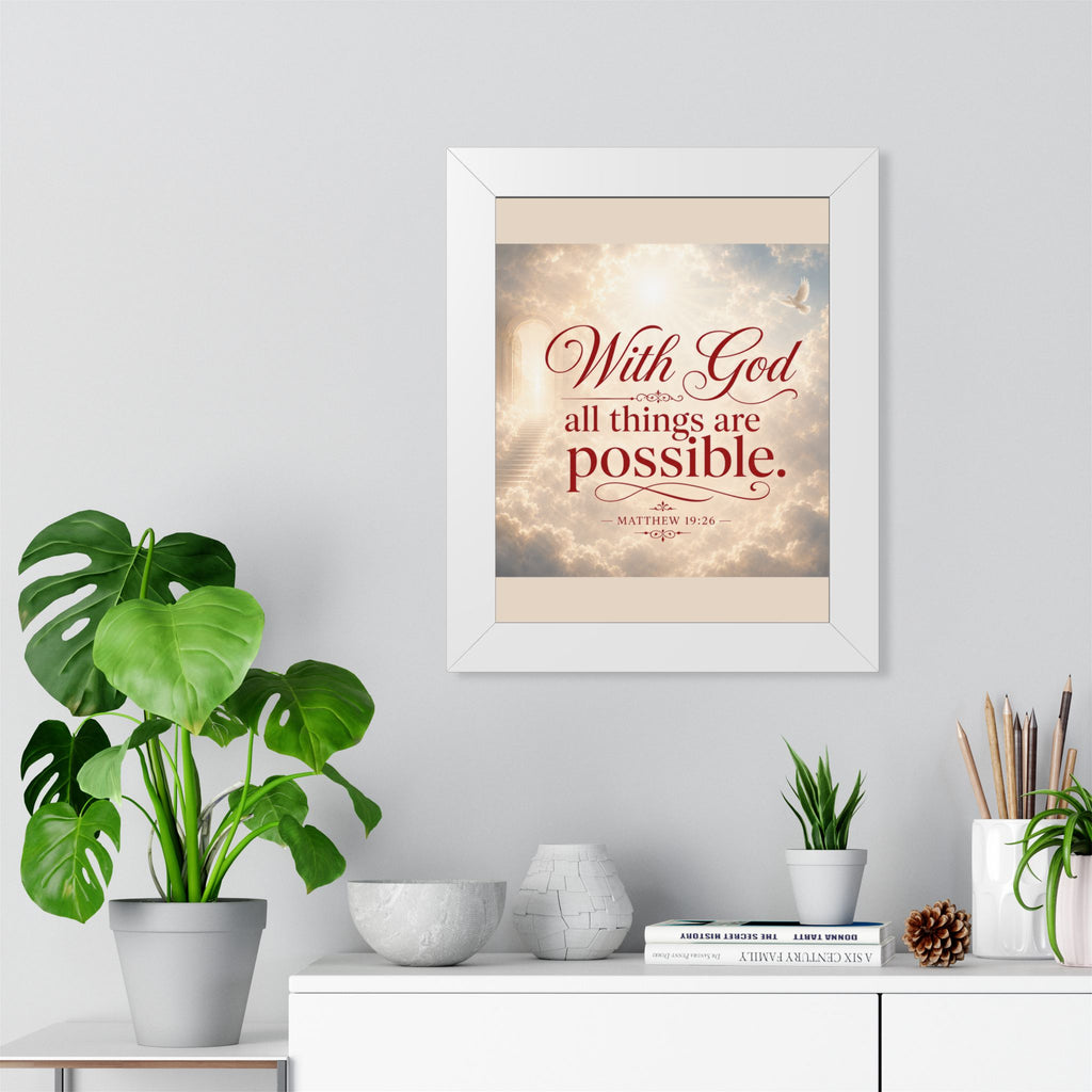 Framed Poster — "With God All Things Are Possible" Biblical Wall Art (Matthew 19:26)