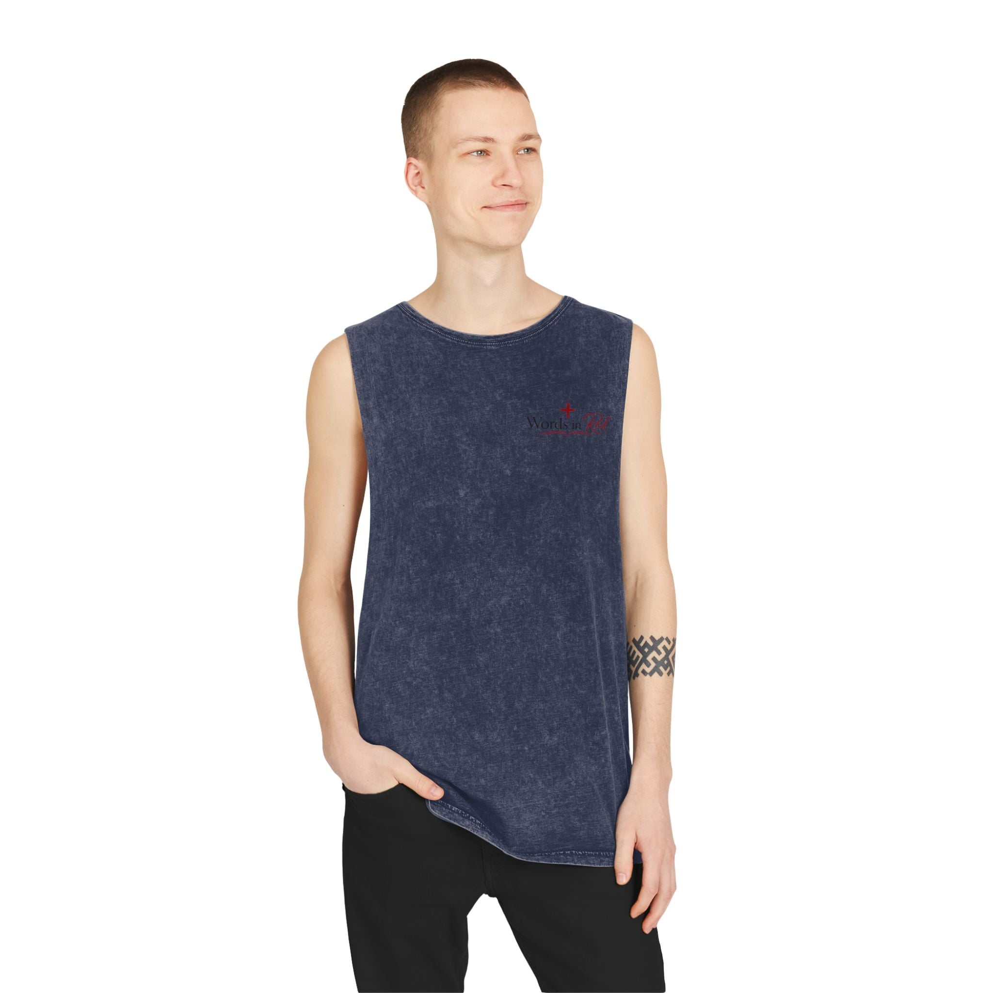Stonewash Tank Top with Red Scripture Print — "Love one another as I have loved you" (John 13:34)
