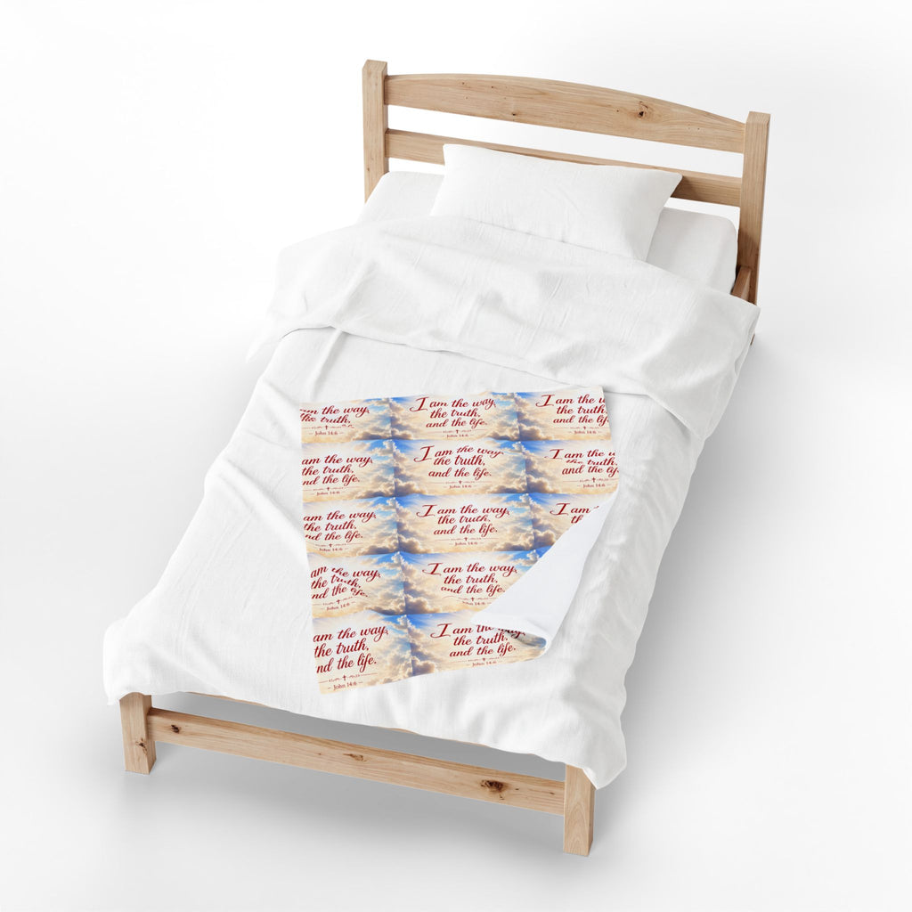 Christian Verse Velveteen Plush Blanket — “I am the way, the truth, and the life.” Sky Design