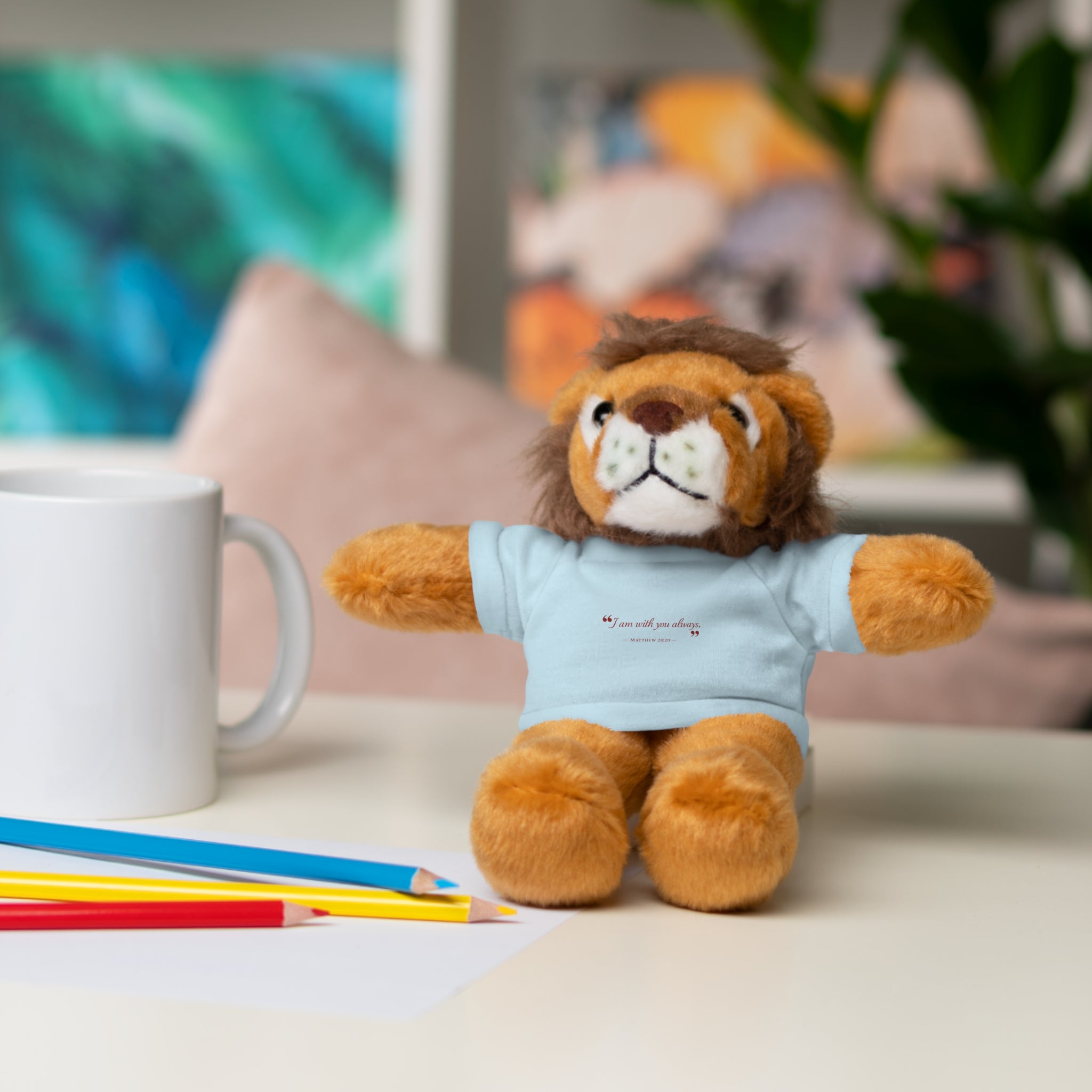 Plush Bear with “I am with you always.” — Matthew 28:20 Custom Tee – Soft Brown Teddy Gift