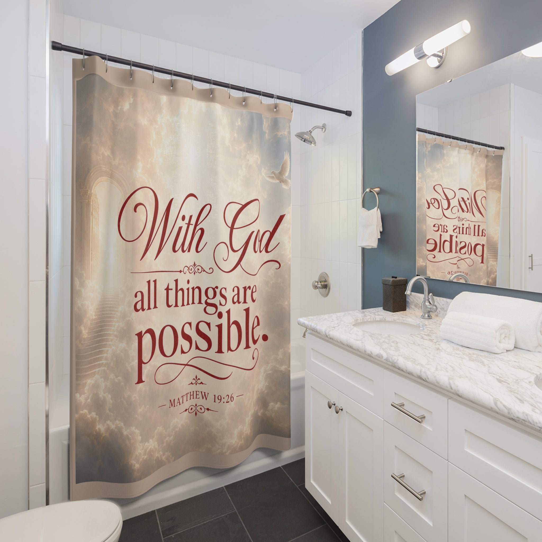Inspirational 'With God All Things Are Possible' Shower Curtain — Matthew 19:26 Christian Bathroom Decor
