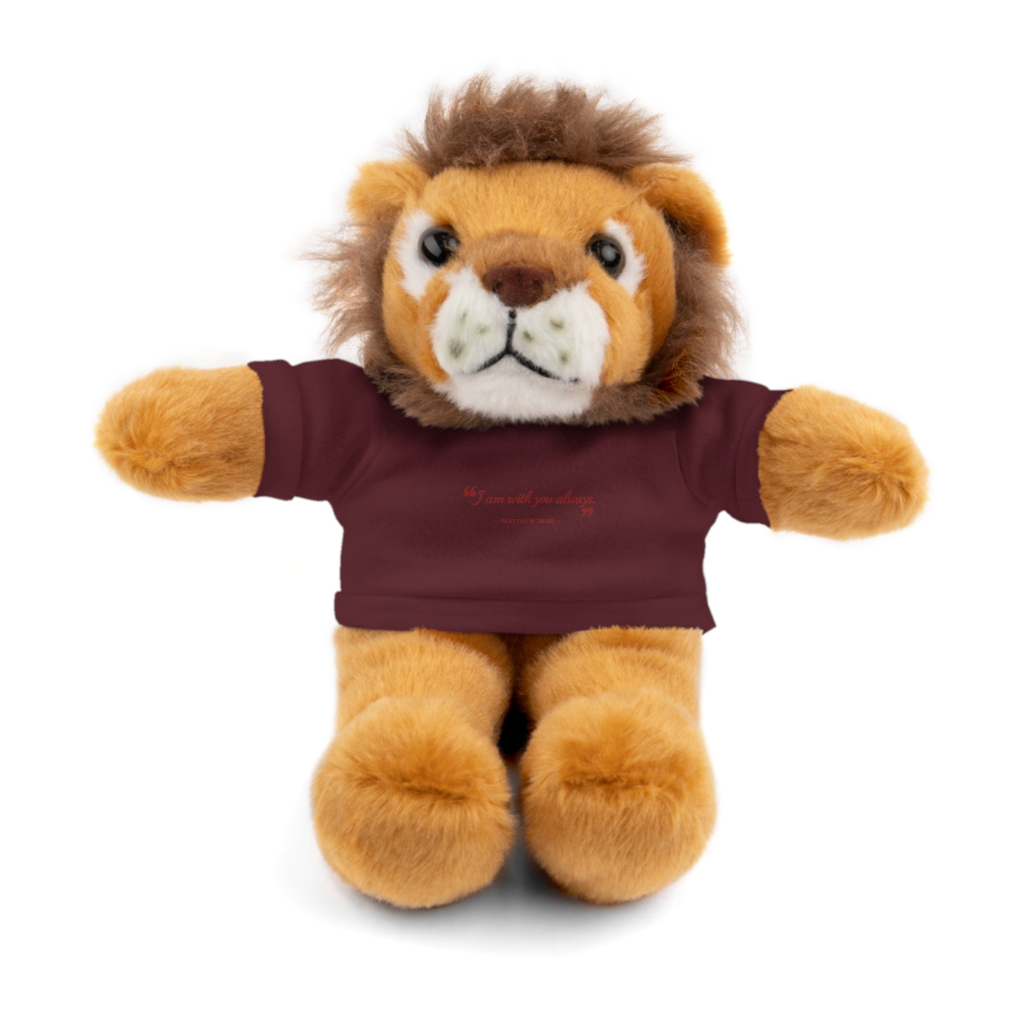 Plush Bear with “I am with you always.” — Matthew 28:20 Custom Tee – Soft Brown Teddy Gift