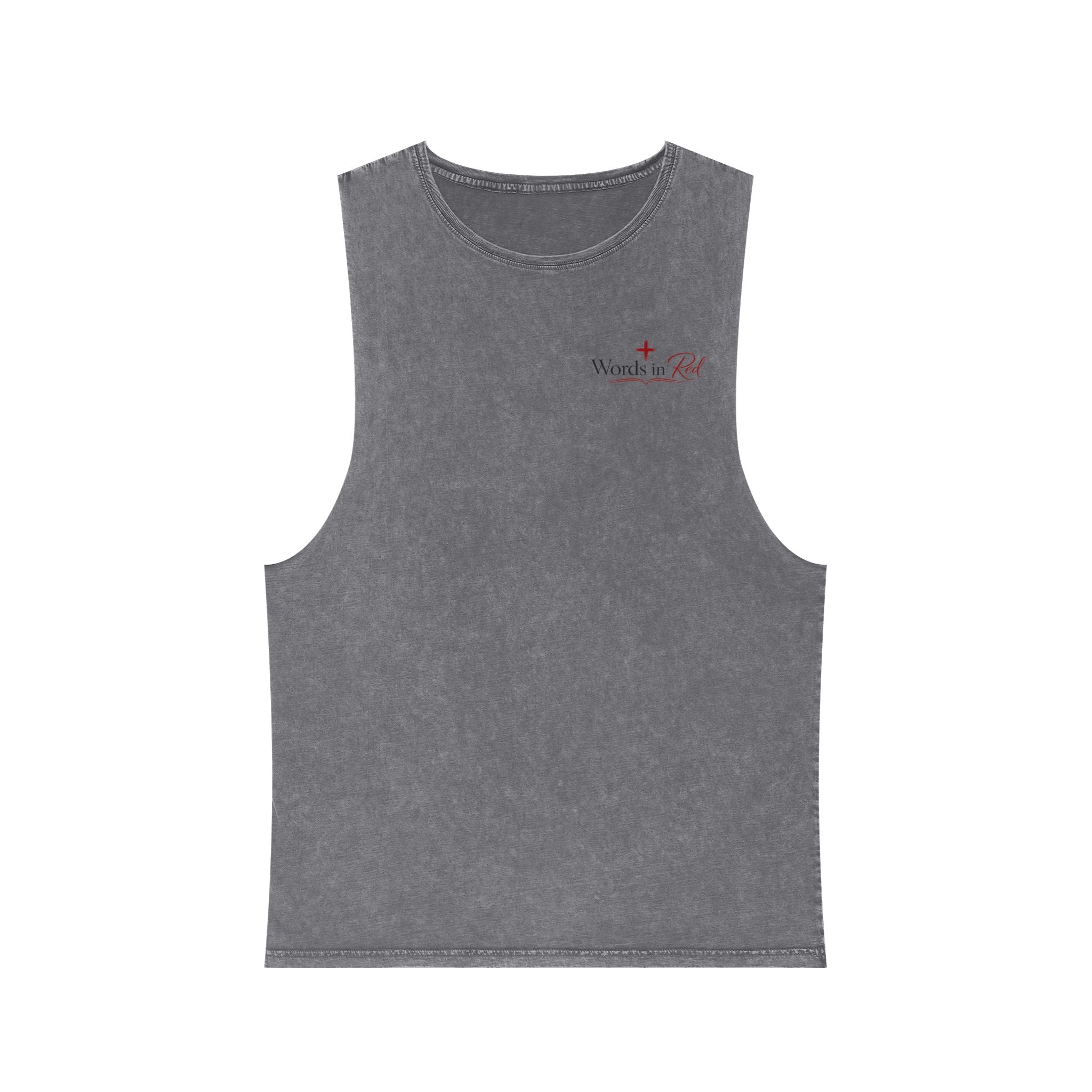 Stonewash Tank Top with Red Scripture Print — "Love one another as I have loved you" (John 13:34)