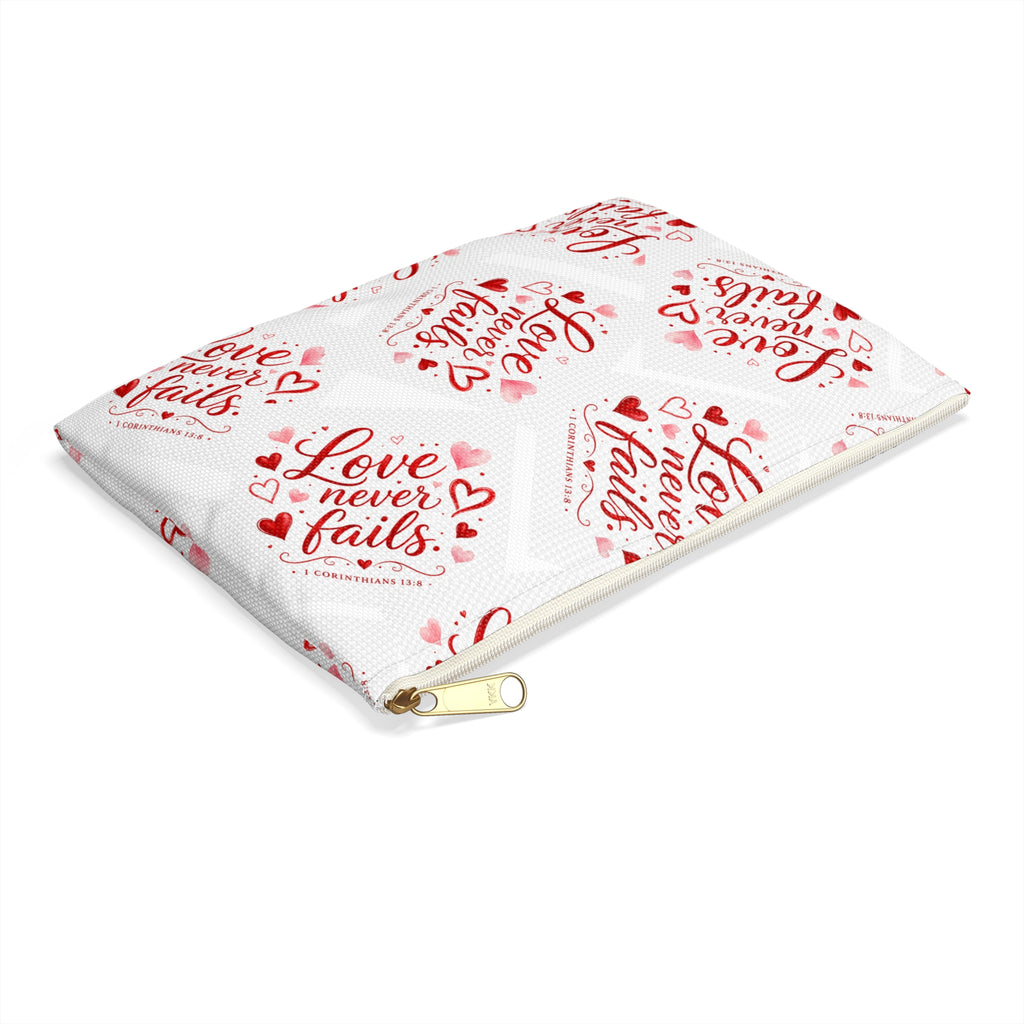 Love Never Fails Accessory Pouch — Valentine Heart Makeup & Travel Bag