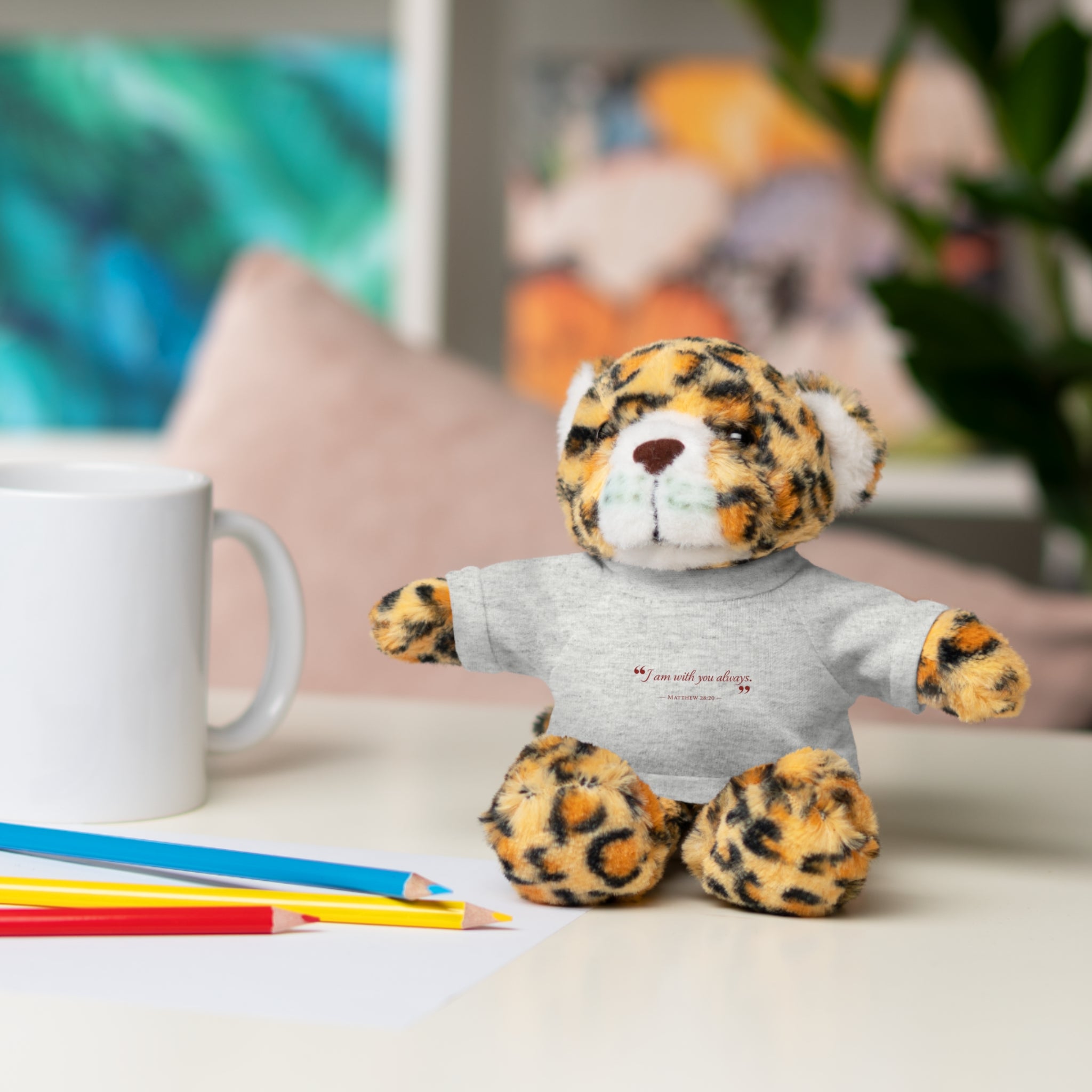 Plush Bear with “I am with you always.” — Matthew 28:20 Custom Tee – Soft Brown Teddy Gift