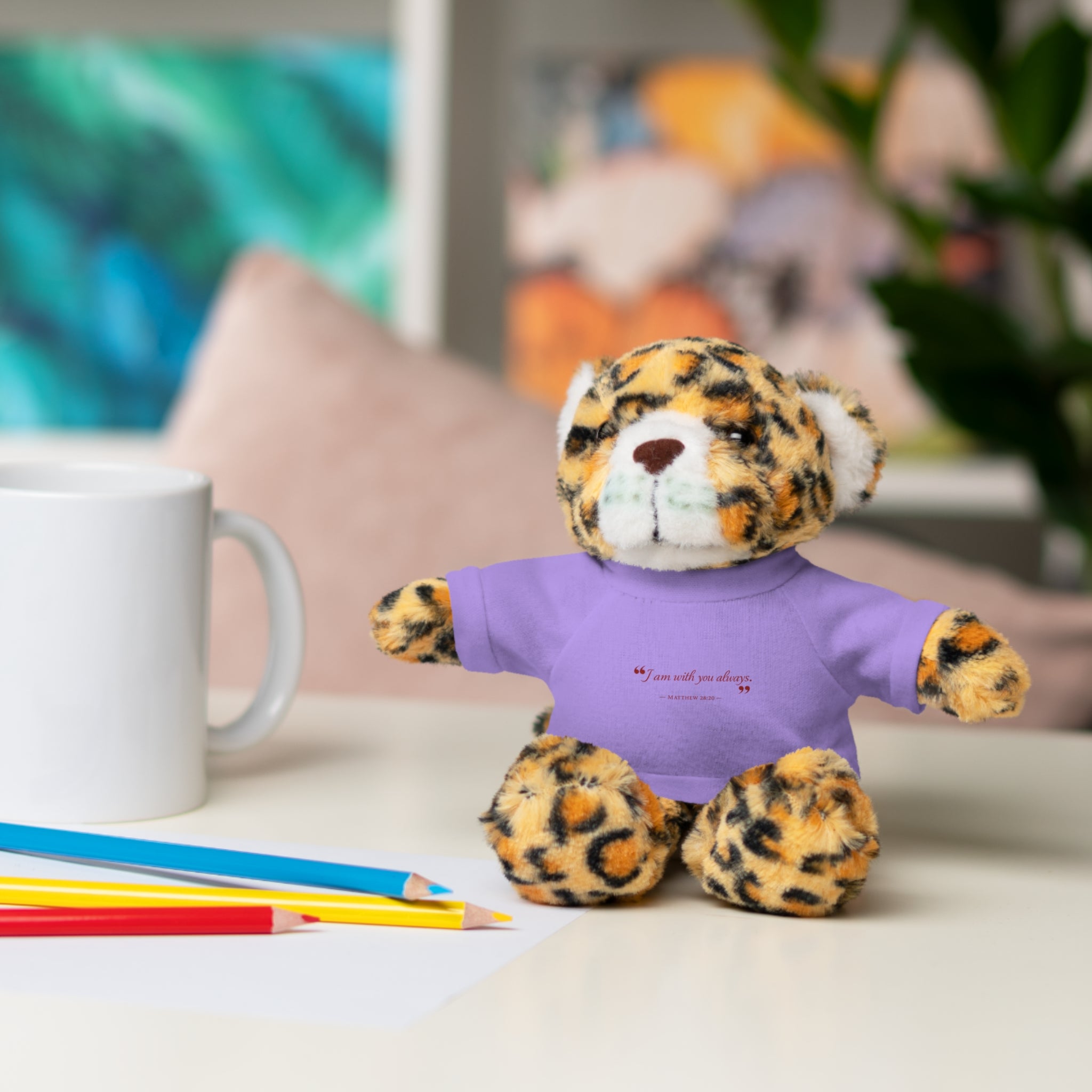 Plush Bear with “I am with you always.” — Matthew 28:20 Custom Tee – Soft Brown Teddy Gift
