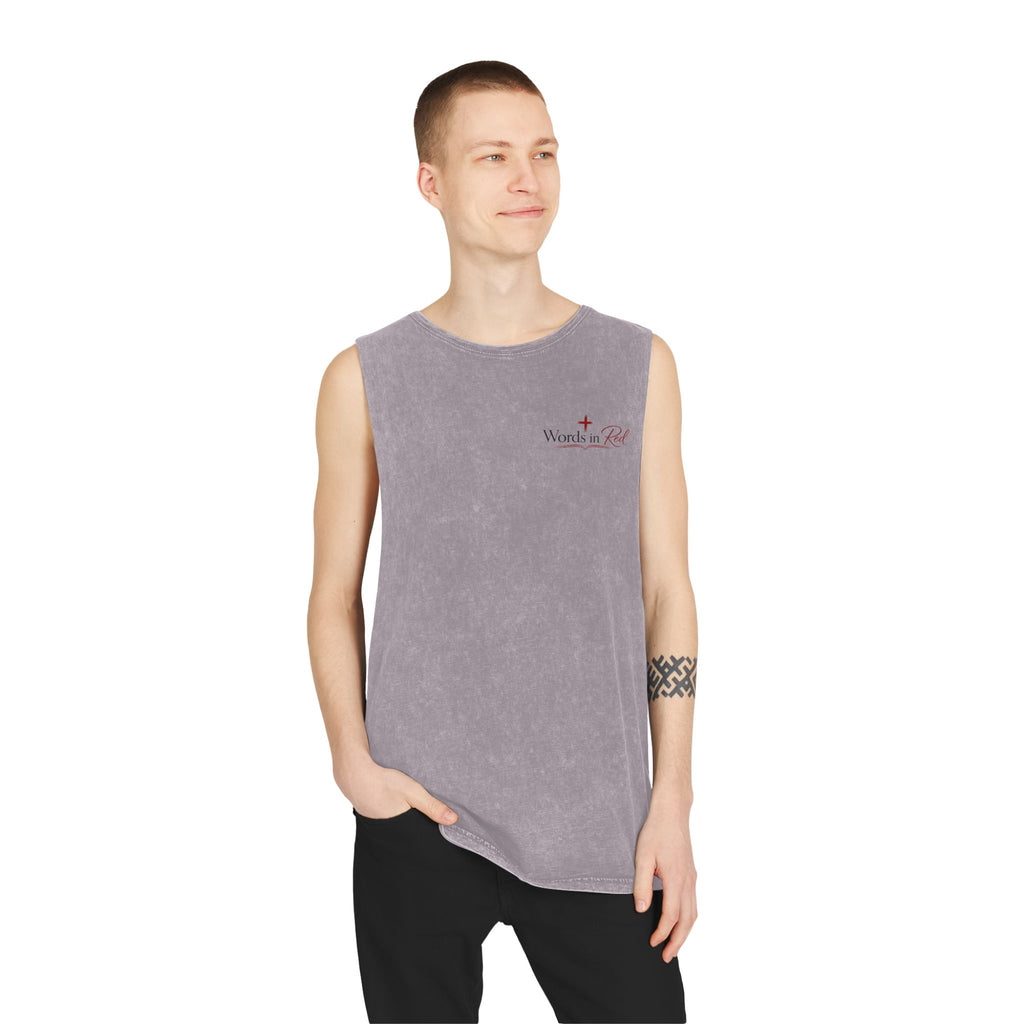 Stonewash Tank Top with Red Scripture Print — "Love one another as I have loved you" (John 13:34)