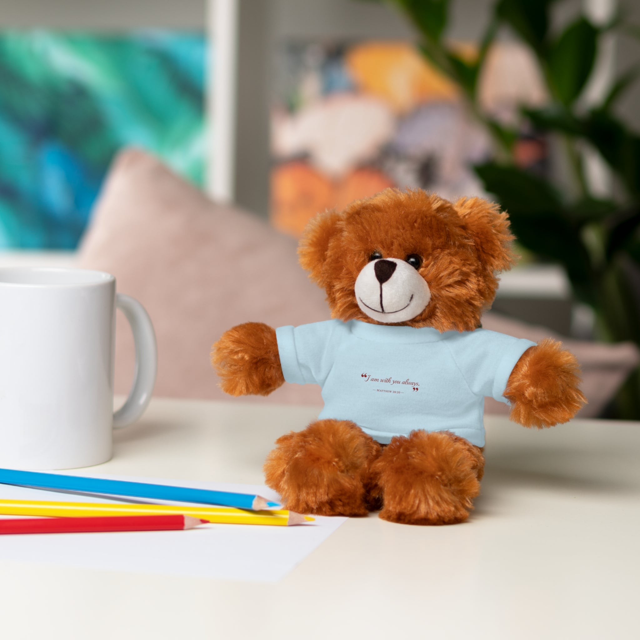 Plush Bear with “I am with you always.” — Matthew 28:20 Custom Tee – Soft Brown Teddy Gift