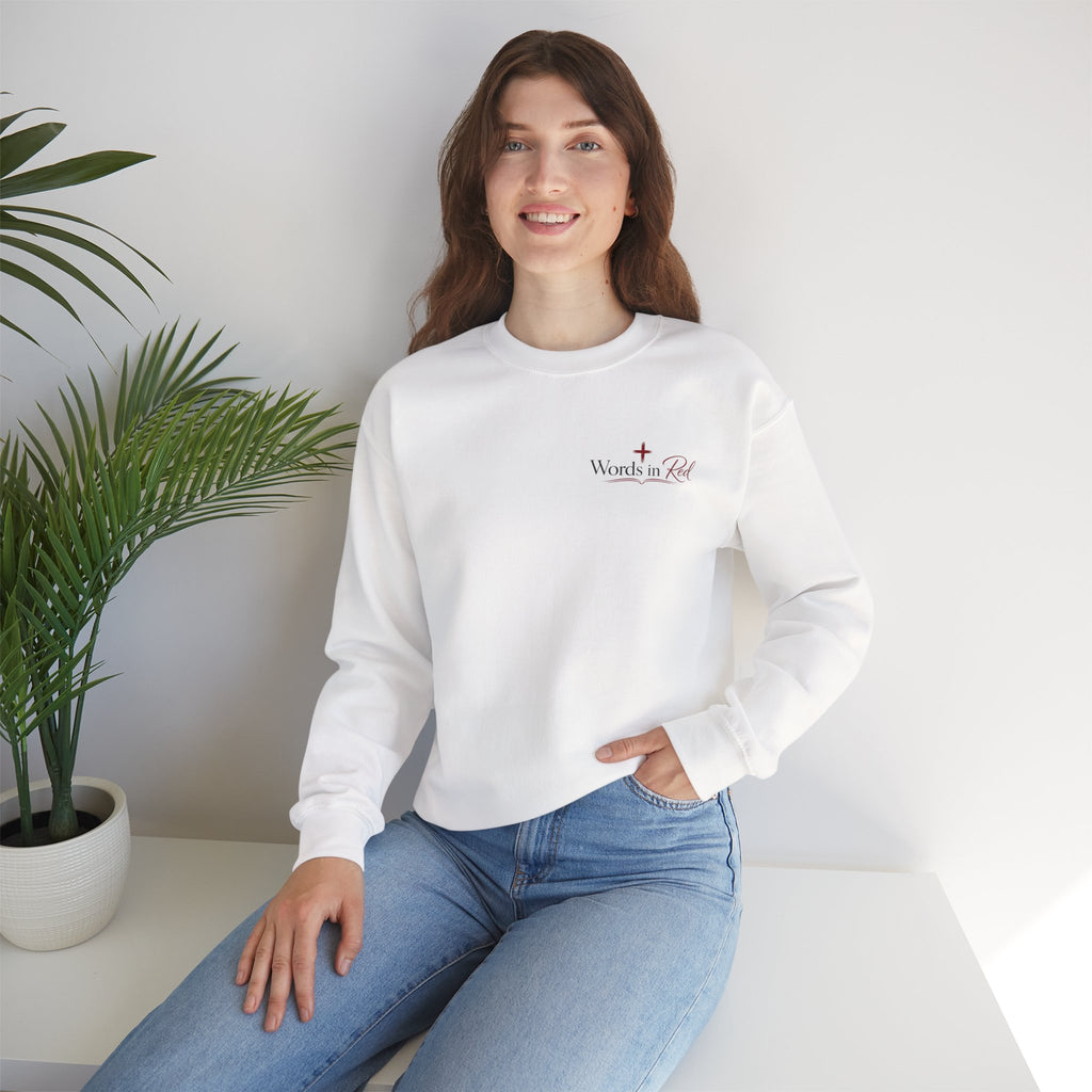 Crewneck Sweatshirt — "Words in Red" Christian Verse Comfort Pullover