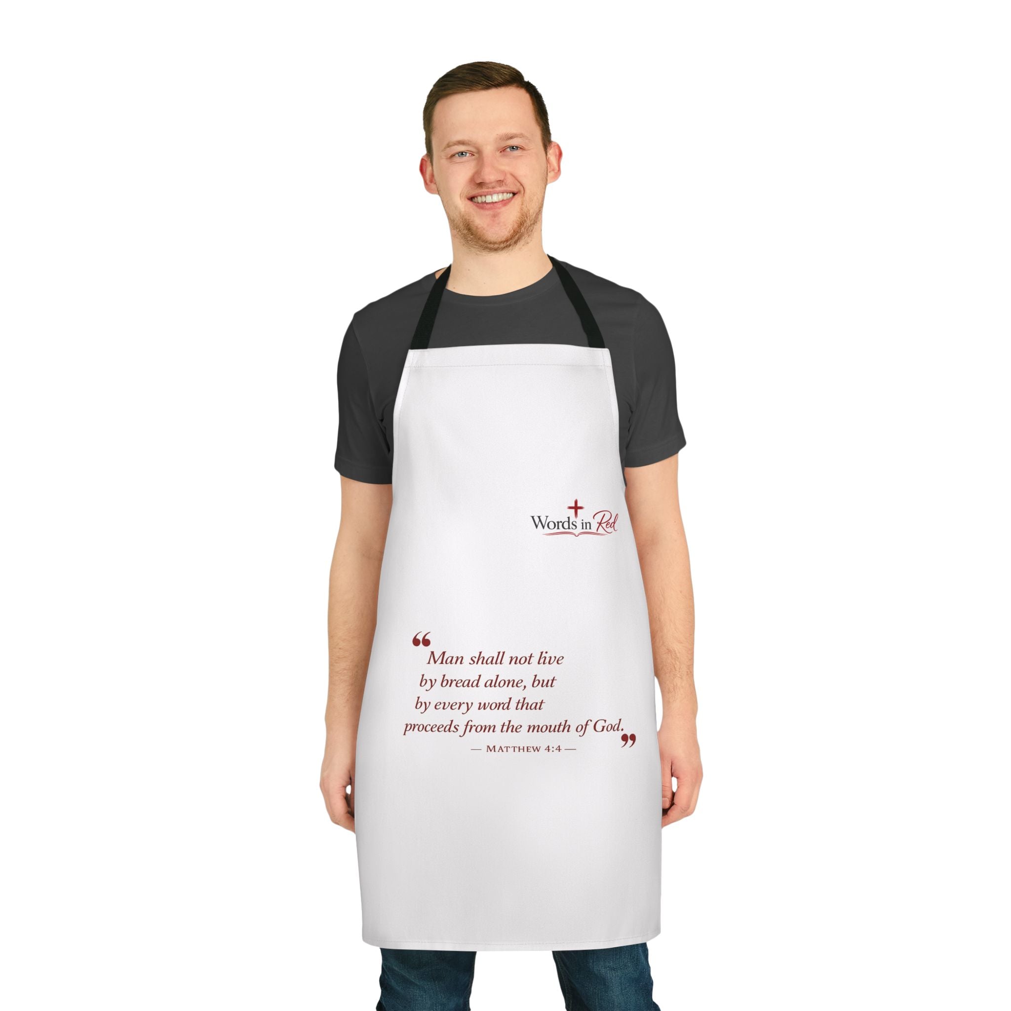 Biblical Verse Apron - "Man Shall Not Live by Bread Alone" Words in Red Brand