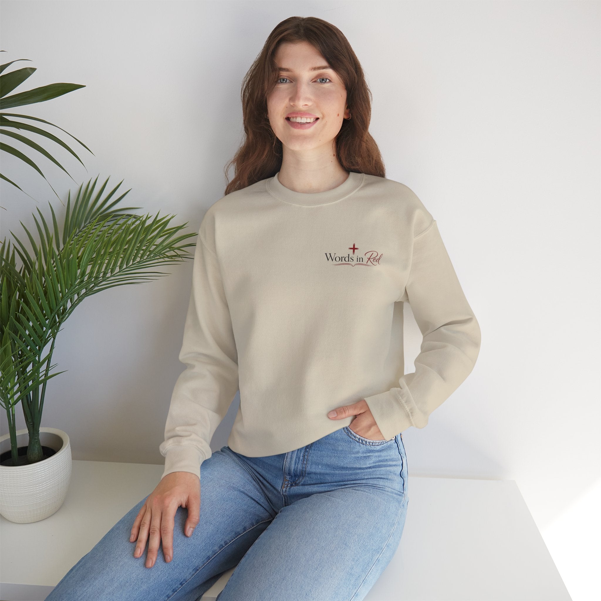 Crewneck Sweatshirt — "Words in Red" Christian Verse Comfort Pullover