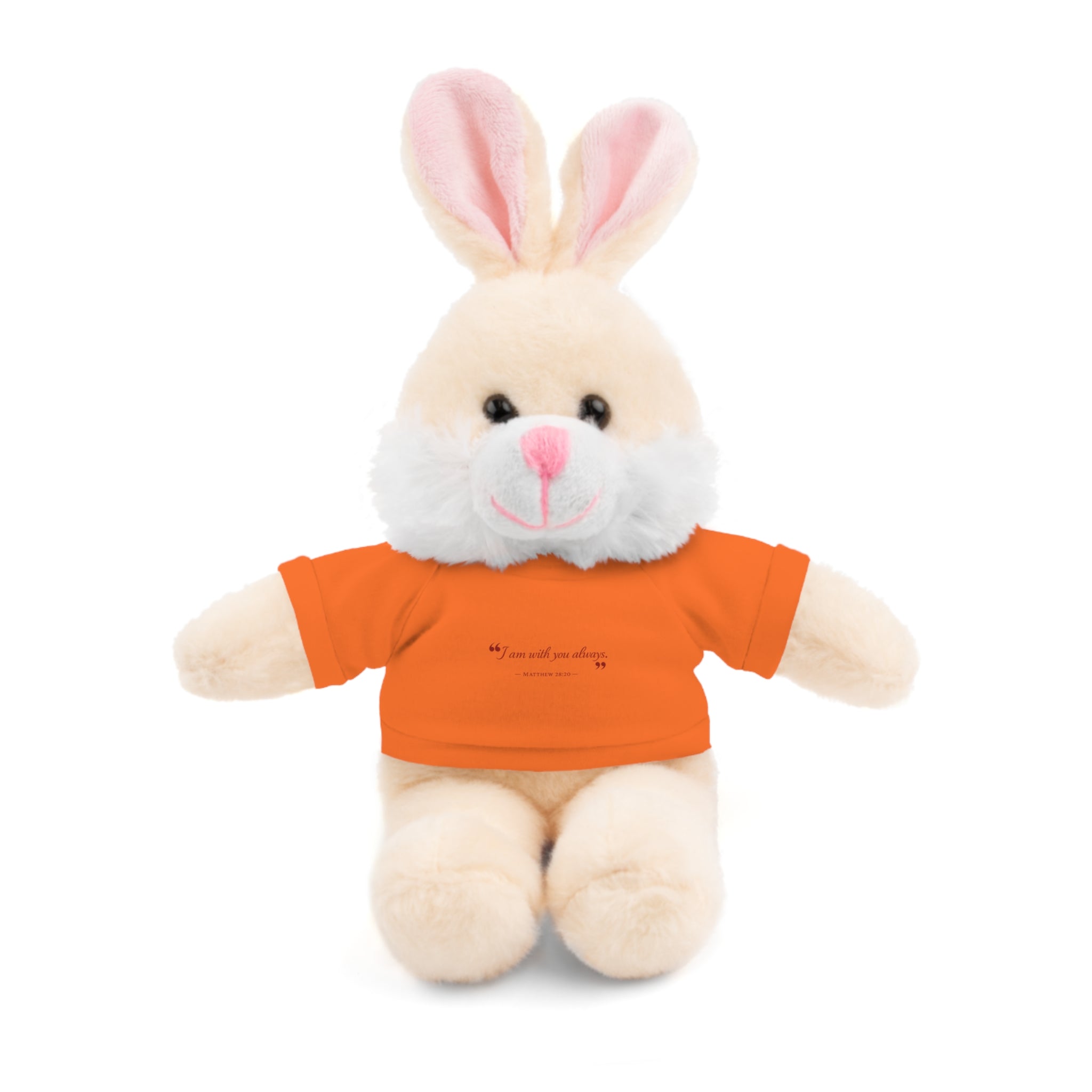Plush Bear with “I am with you always.” — Matthew 28:20 Custom Tee – Soft Brown Teddy Gift