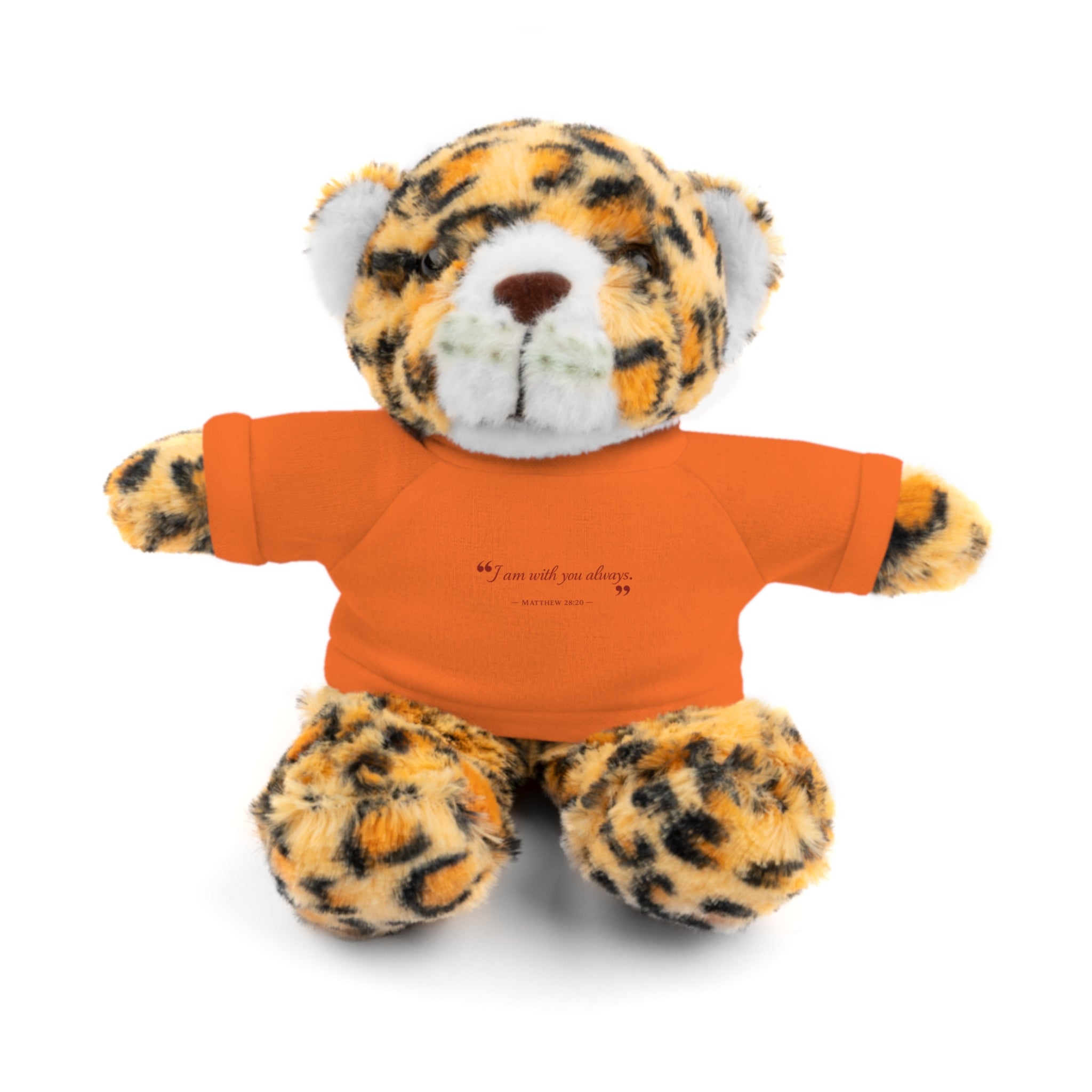 Plush Bear with “I am with you always.” — Matthew 28:20 Custom Tee – Soft Brown Teddy Gift