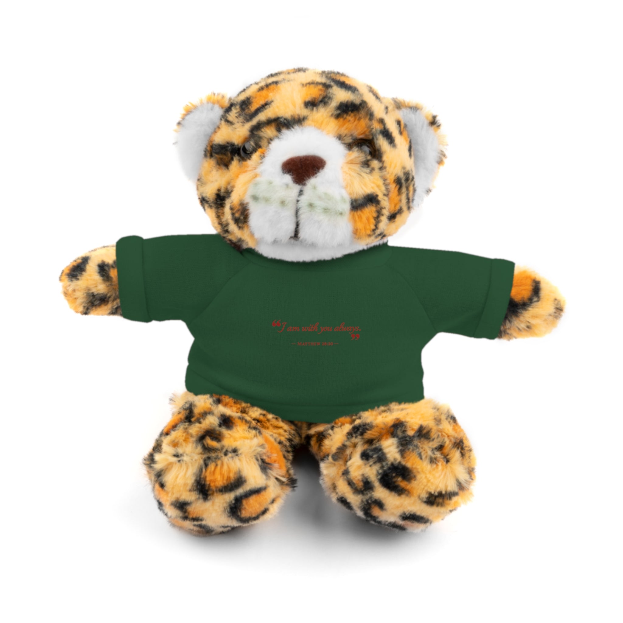Plush Bear with “I am with you always.” — Matthew 28:20 Custom Tee – Soft Brown Teddy Gift