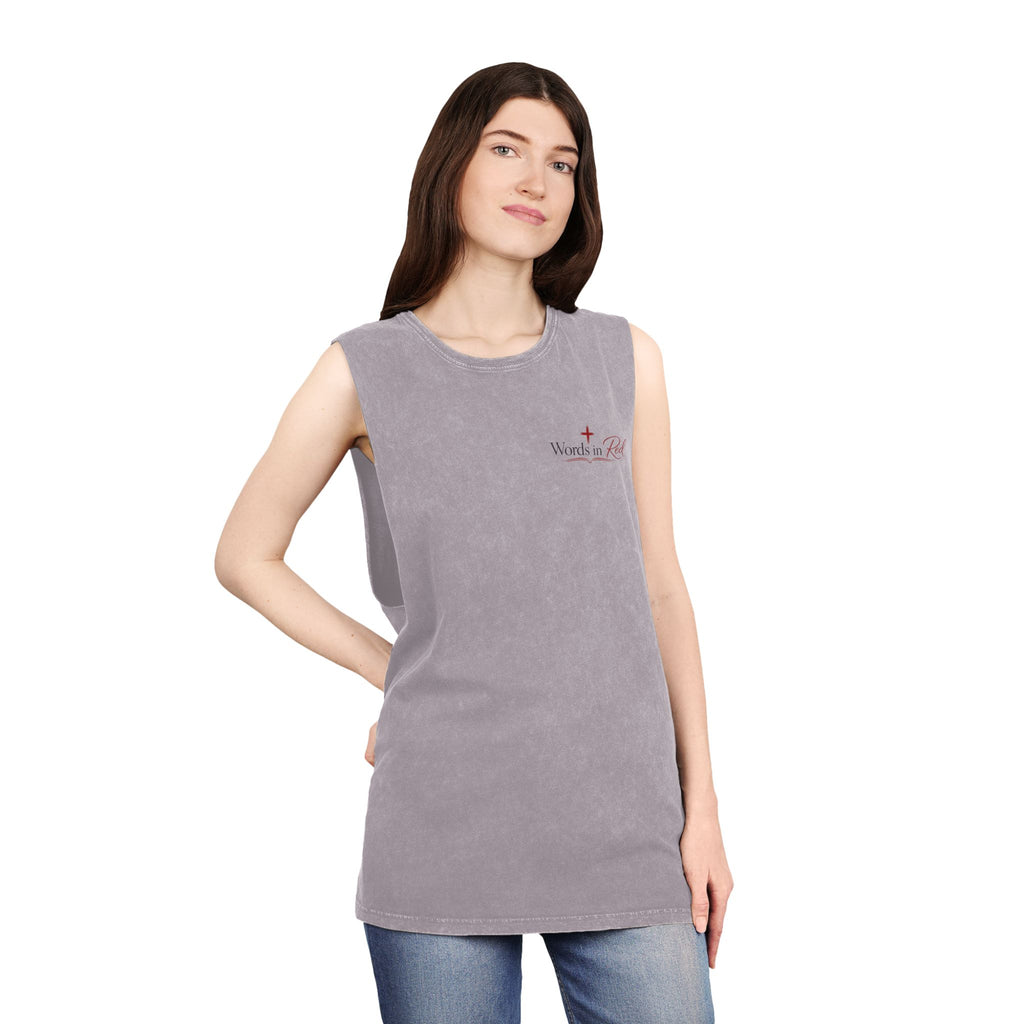 Stonewash Tank Top with Red Scripture Print — "Love one another as I have loved you" (John 13:34)