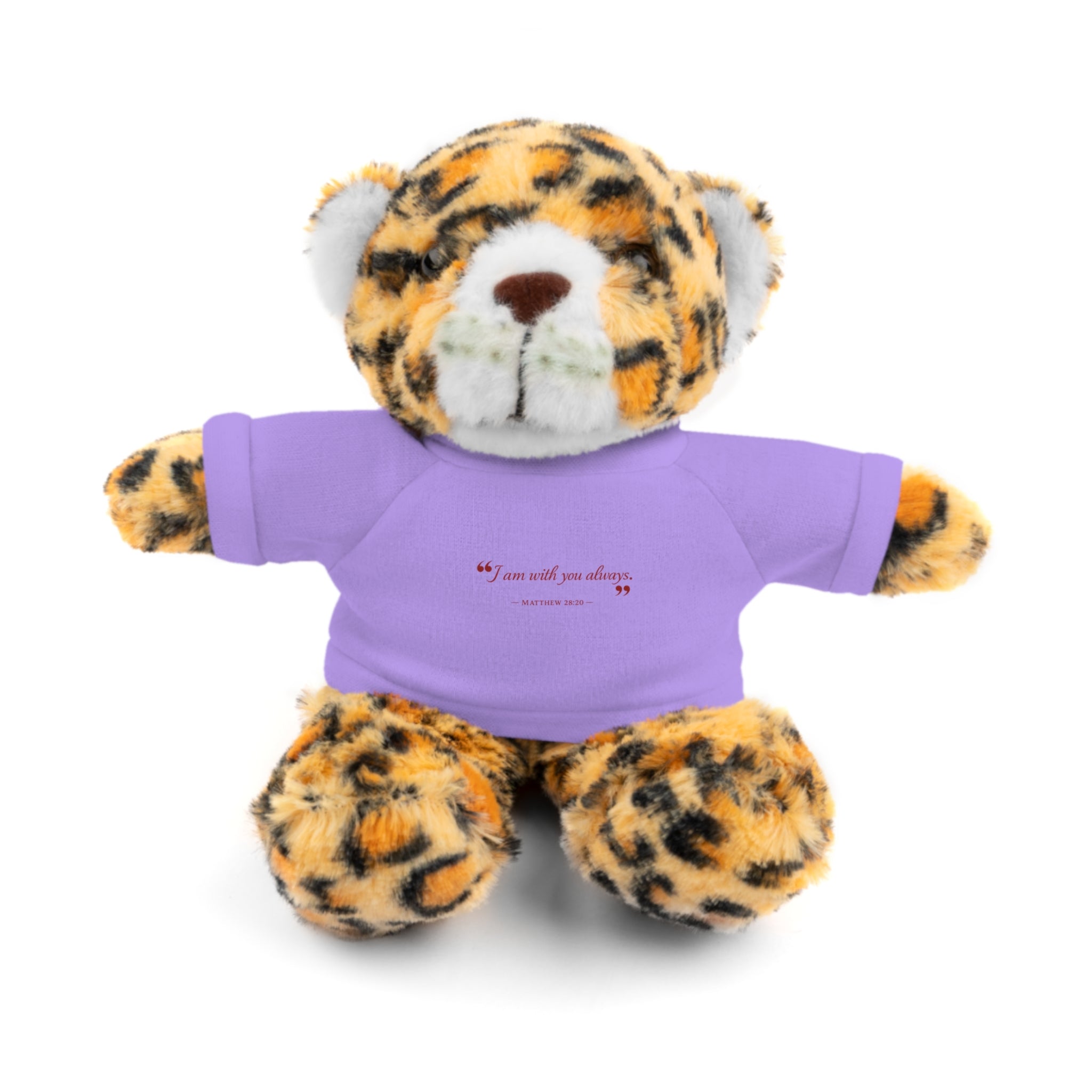 Plush Bear with “I am with you always.” — Matthew 28:20 Custom Tee – Soft Brown Teddy Gift