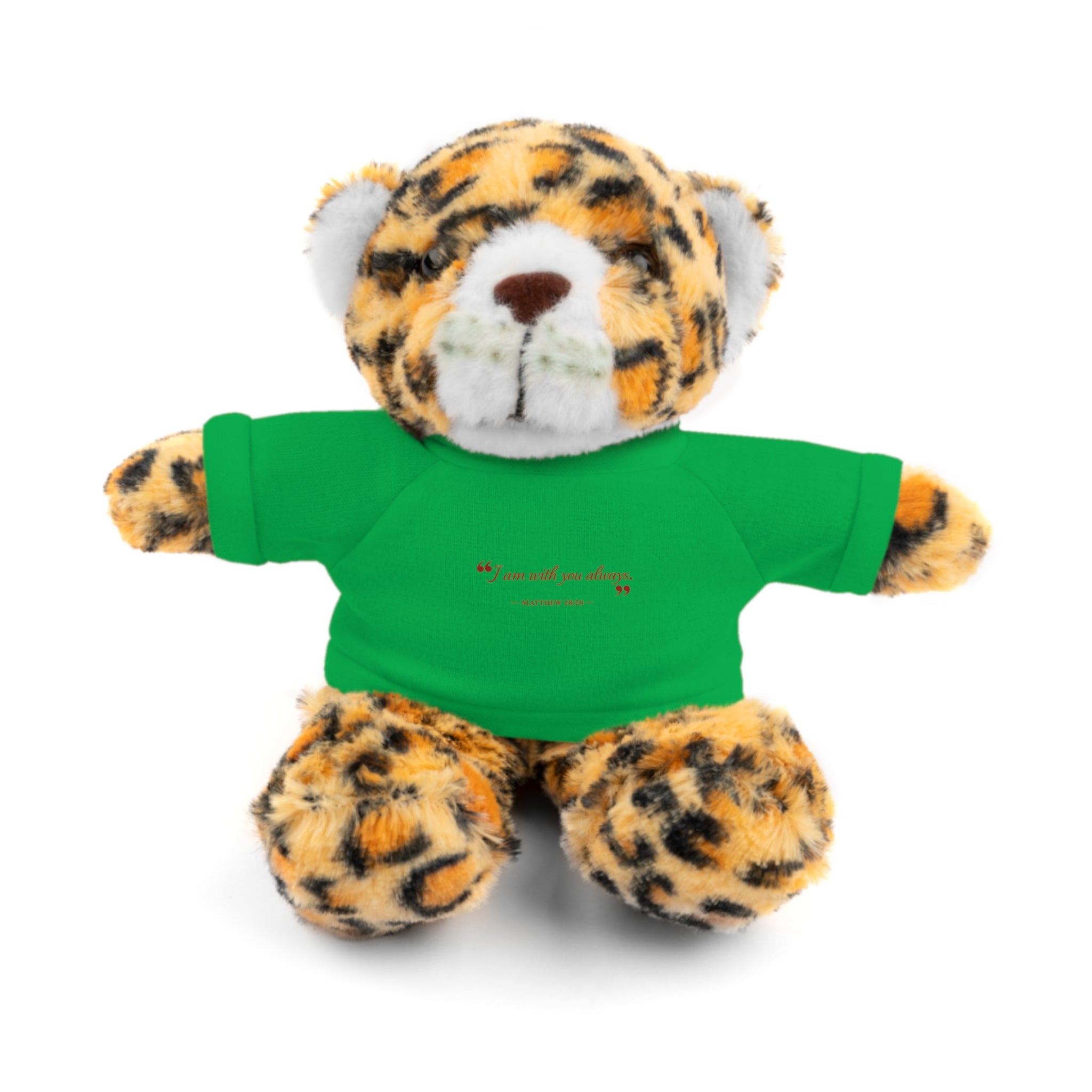 Plush Bear with “I am with you always.” — Matthew 28:20 Custom Tee – Soft Brown Teddy Gift