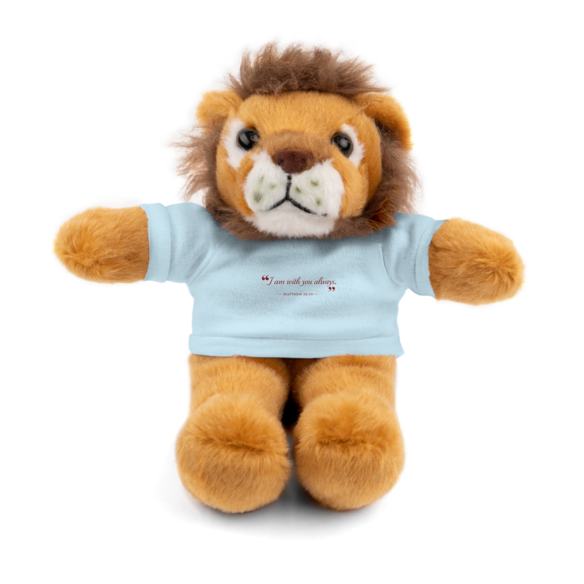 Plush Bear with “I am with you always.” — Matthew 28:20 Custom Tee – Soft Brown Teddy Gift