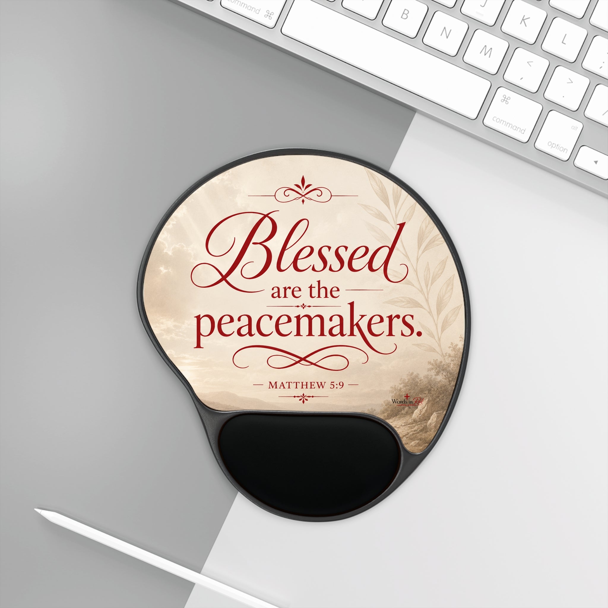 Blessed Are the Peacemakers Mouse Pad with Wrist Rest — Matthew 5:9 Christian Desk Accessory