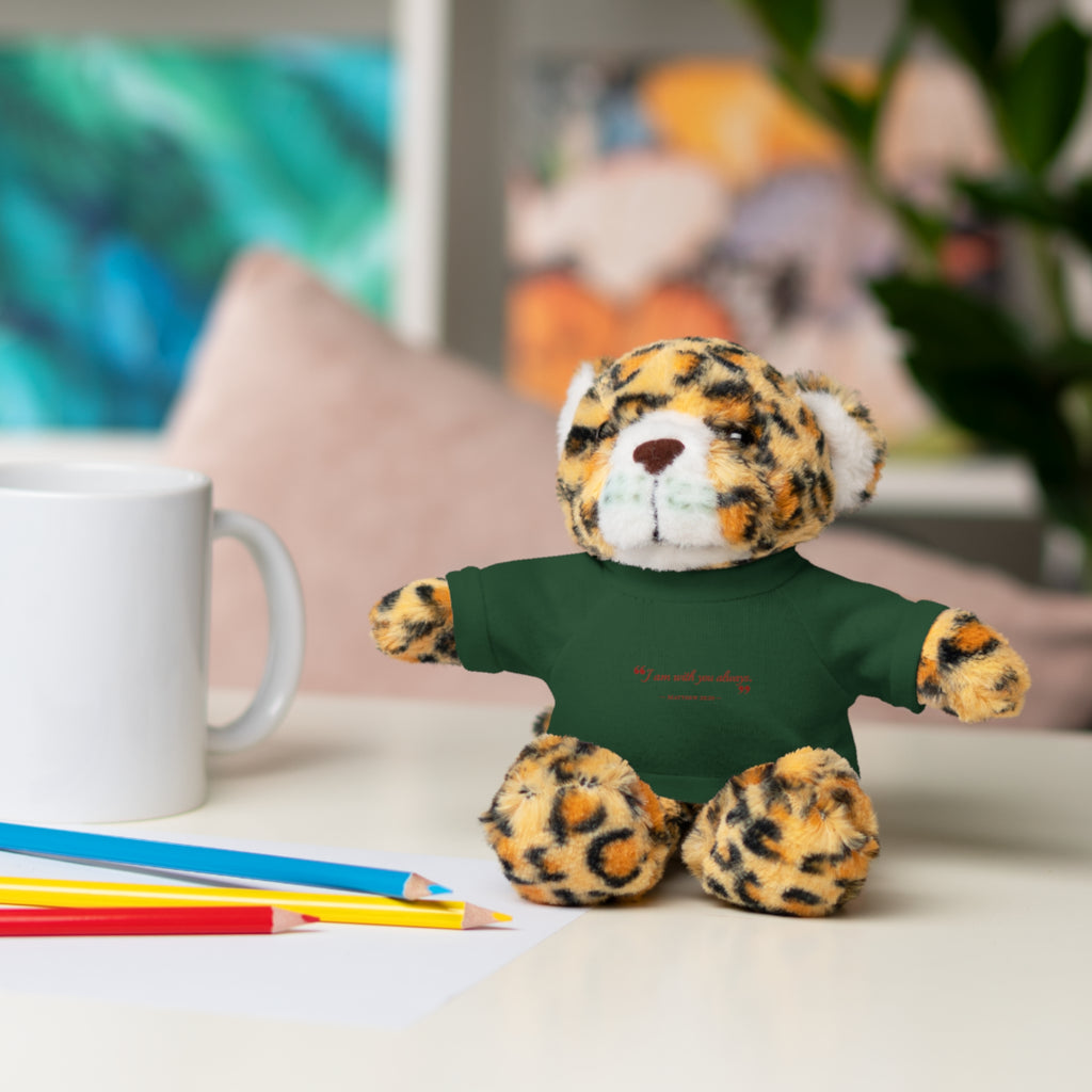 Plush Bear with “I am with you always.” — Matthew 28:20 Custom Tee – Soft Brown Teddy Gift