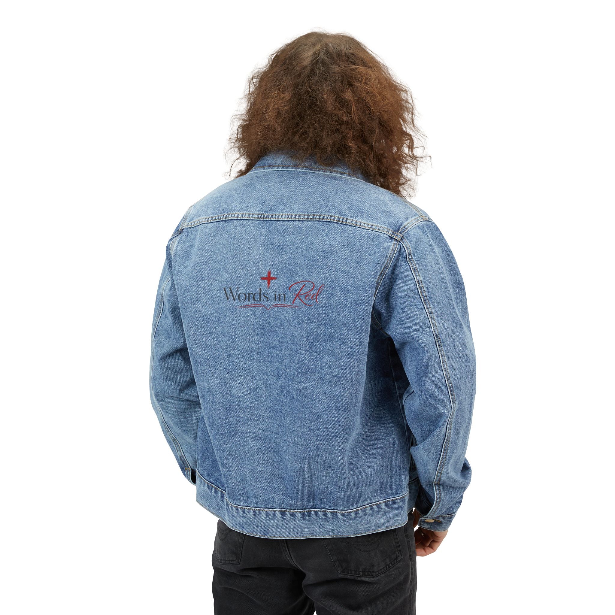 Denim Jacket — Men's 'Words in Red' Cross Back Logo Jacket