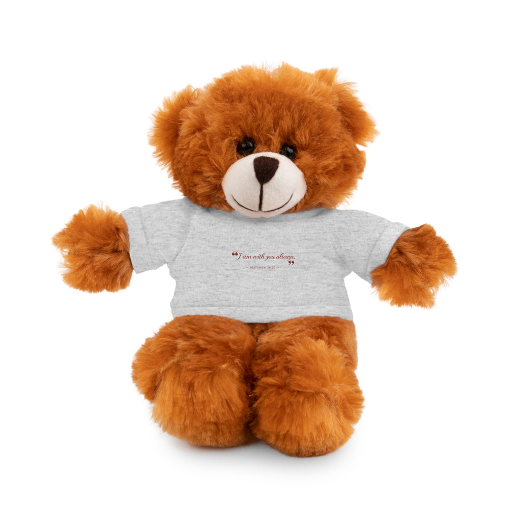 Plush Bear with “I am with you always.” — Matthew 28:20 Custom Tee – Soft Brown Teddy Gift