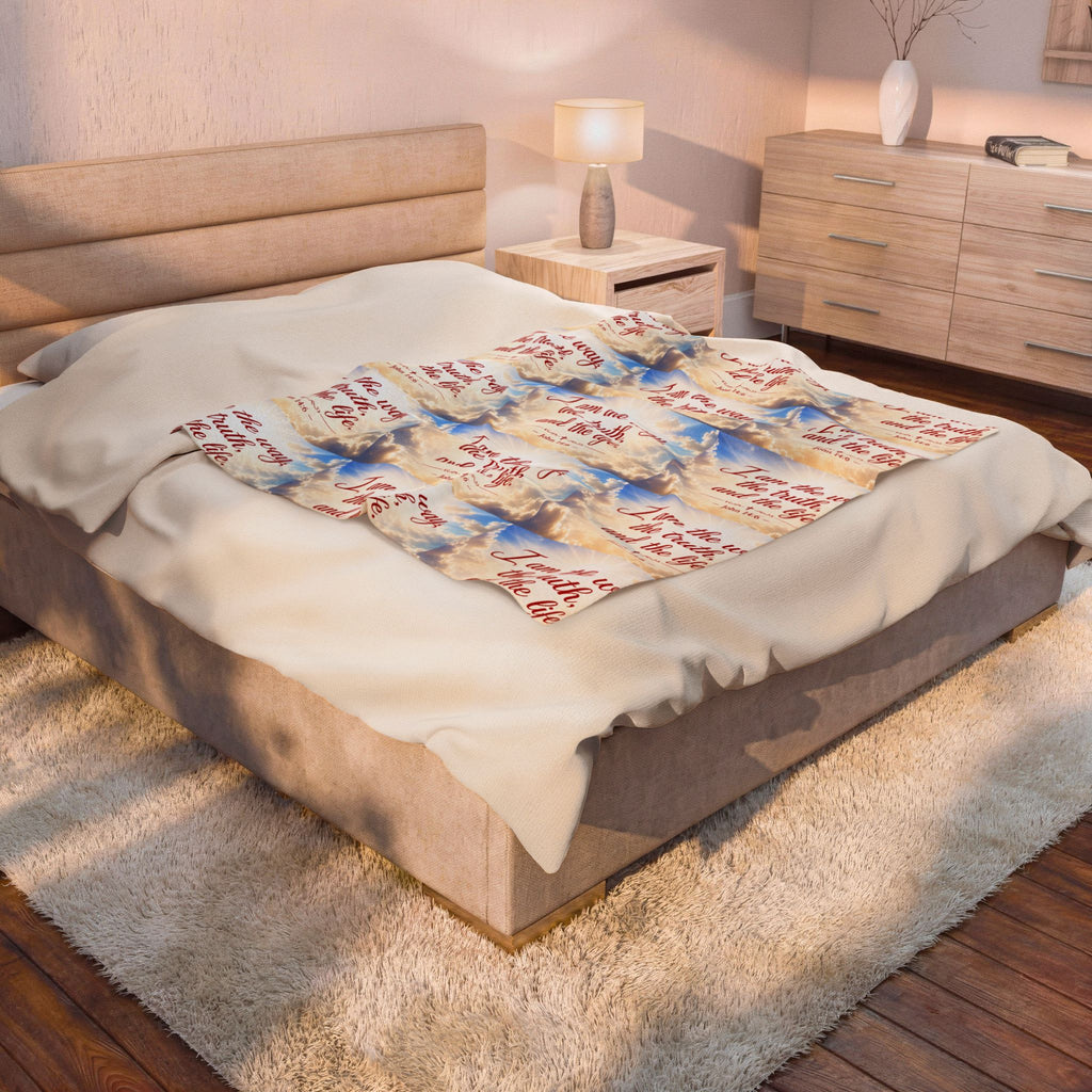 Christian Verse Velveteen Plush Blanket — “I am the way, the truth, and the life.” Sky Design