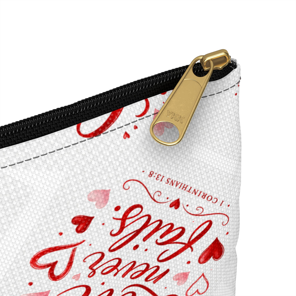 Love Never Fails Accessory Pouch — Valentine Heart Makeup & Travel Bag