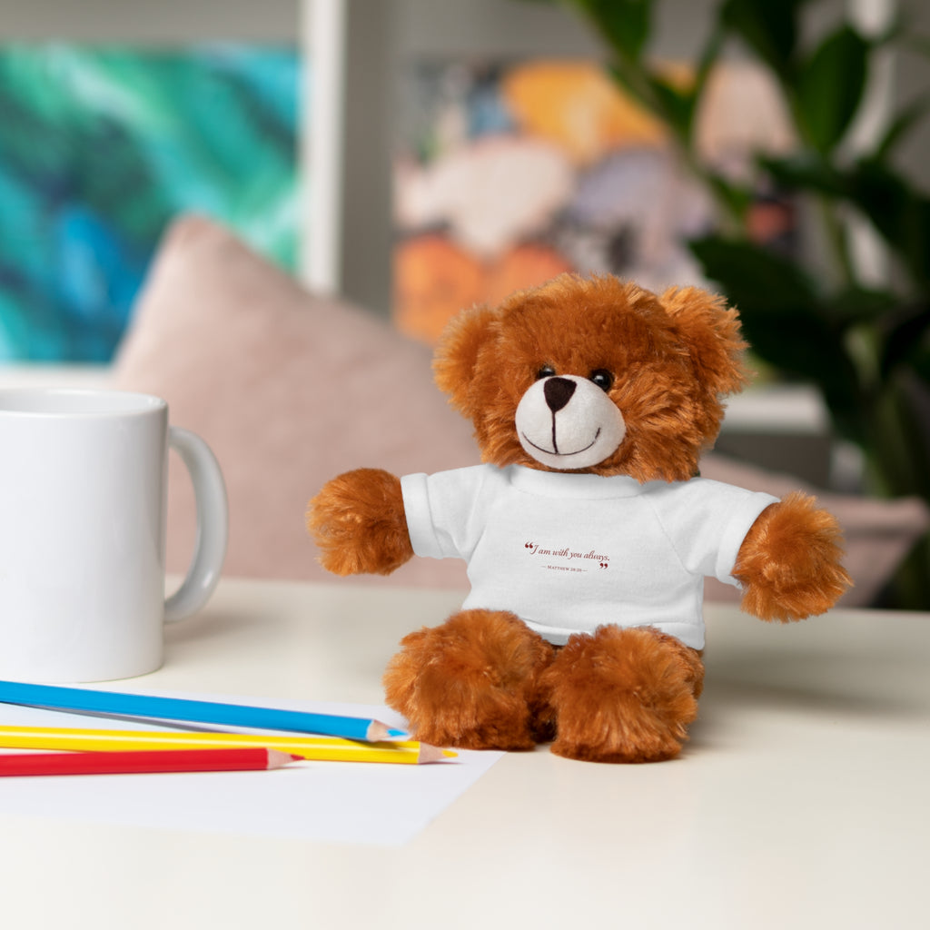 Plush Bear with “I am with you always.” — Matthew 28:20 Custom Tee – Soft Brown Teddy Gift
