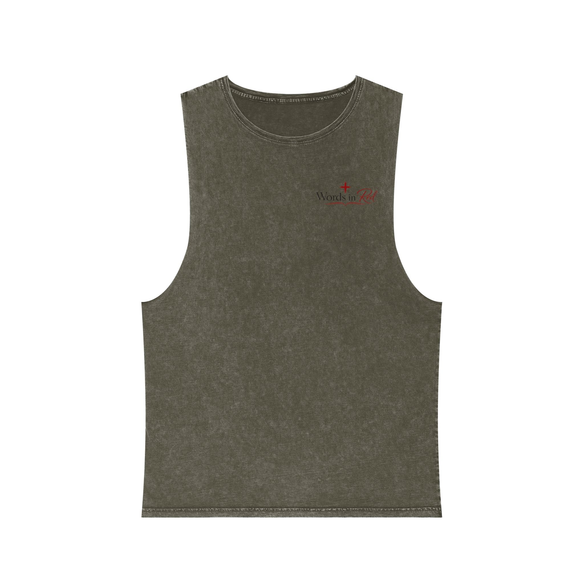 Stonewash Tank Top with Red Scripture Print — "Love one another as I have loved you" (John 13:34)