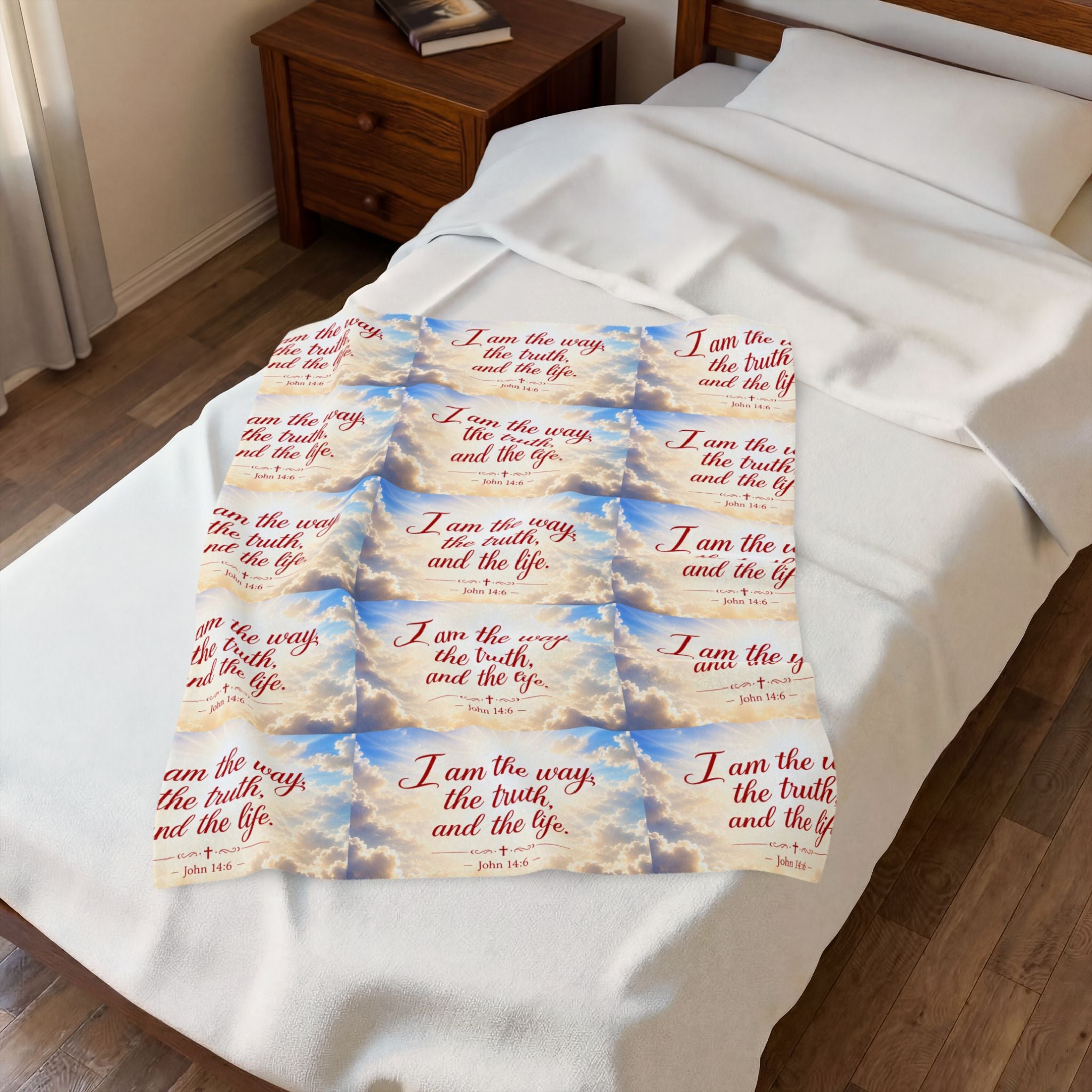 Christian Verse Velveteen Plush Blanket — “I am the way, the truth, and the life.” Sky Design