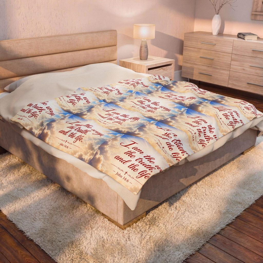 Christian Verse Velveteen Plush Blanket — “I am the way, the truth, and the life.” Sky Design