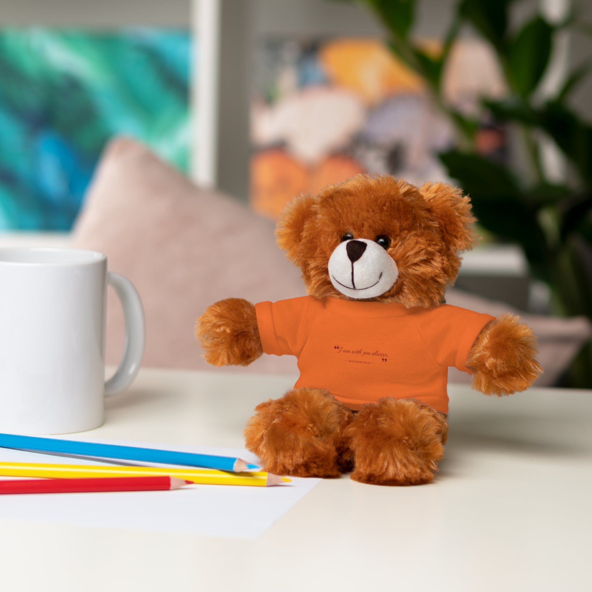 Plush Bear with “I am with you always.” — Matthew 28:20 Custom Tee – Soft Brown Teddy Gift