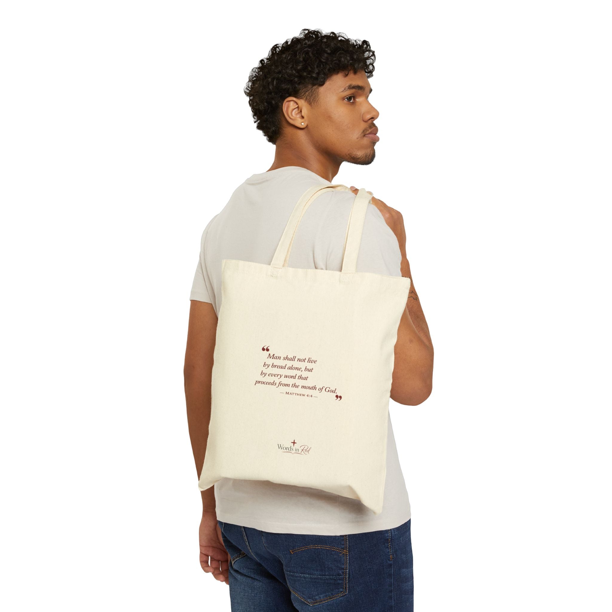 Canvas Tote Bag — Inspirational Bible Quote "Man shall not live by bread alone"