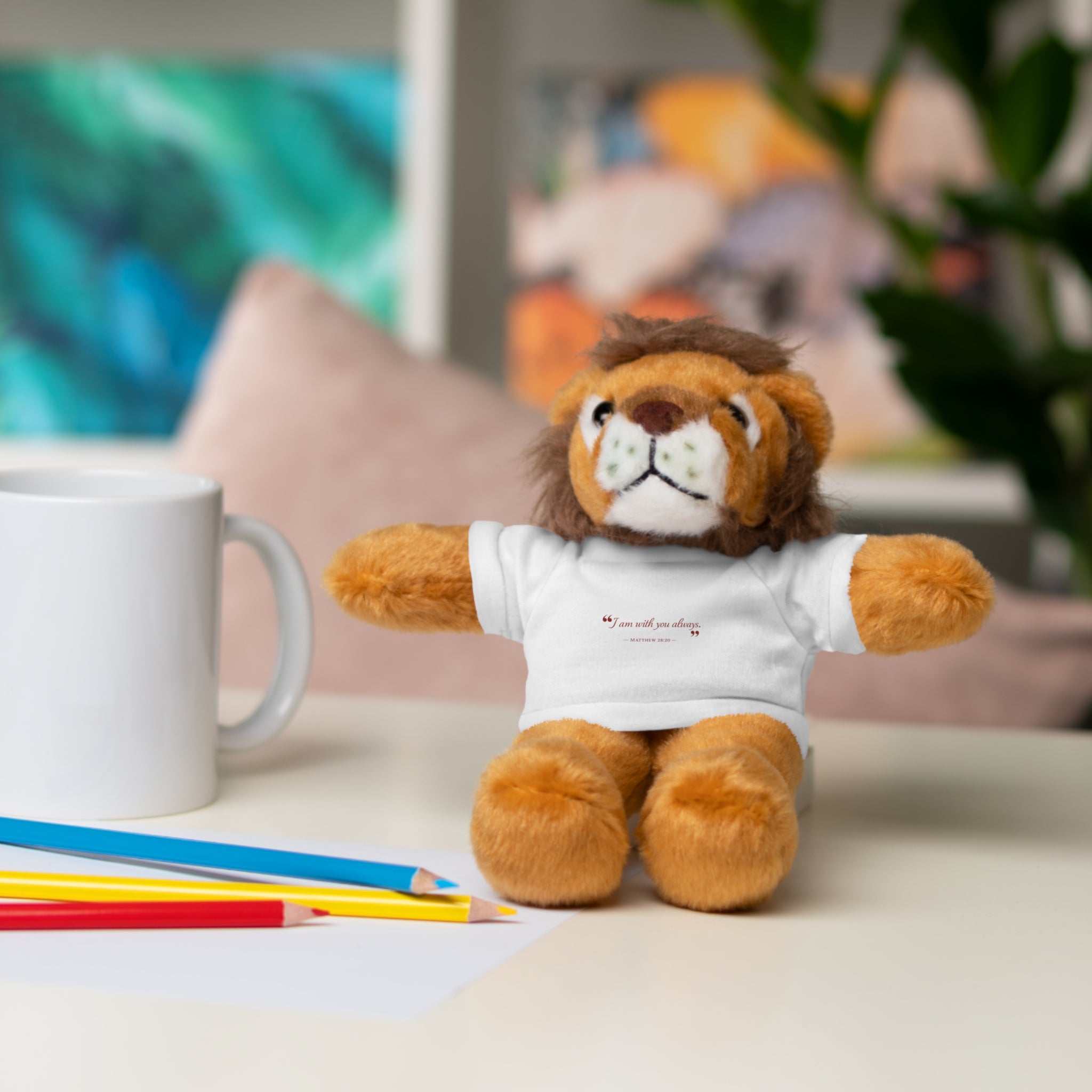 Plush Bear with “I am with you always.” — Matthew 28:20 Custom Tee – Soft Brown Teddy Gift