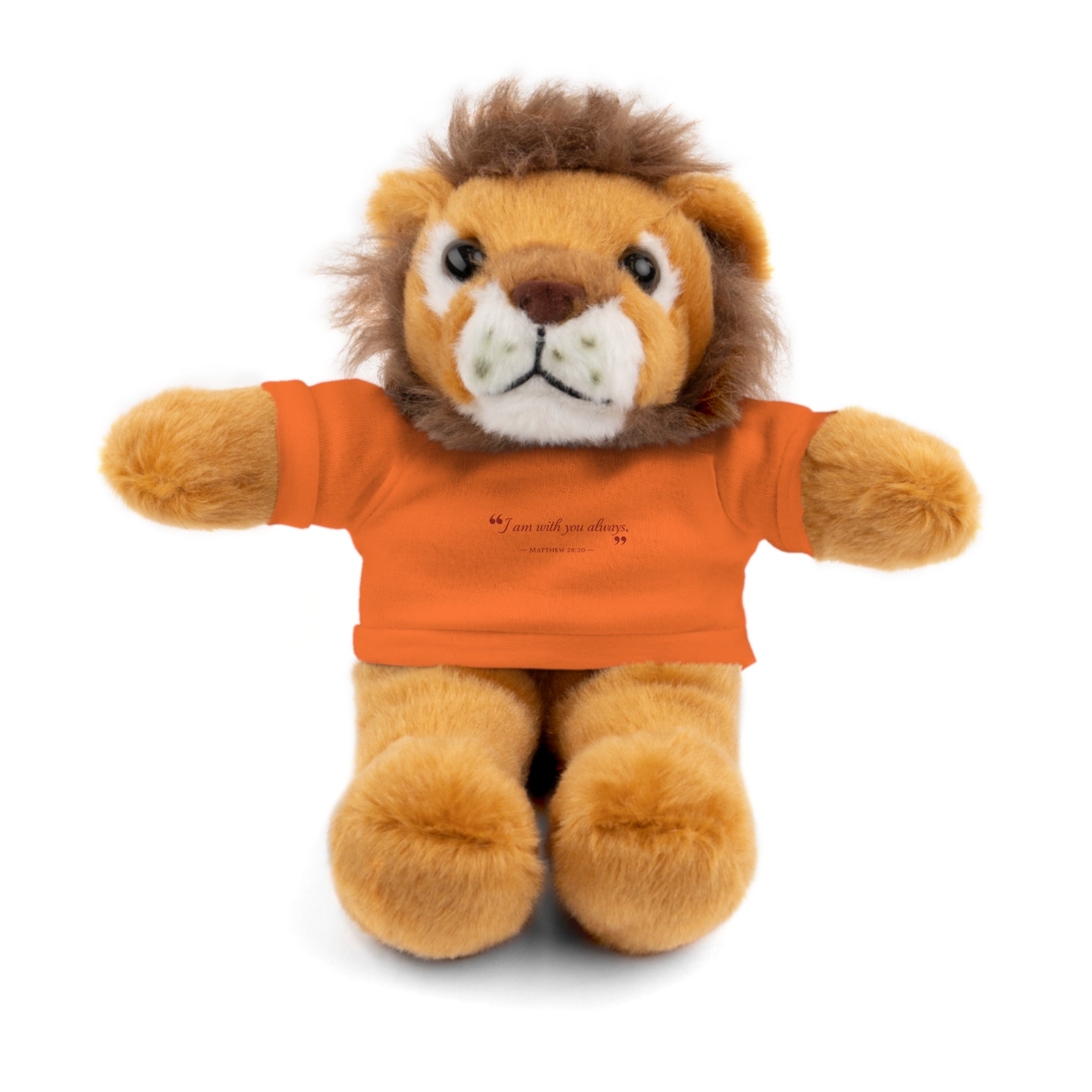 Plush Bear with “I am with you always.” — Matthew 28:20 Custom Tee – Soft Brown Teddy Gift