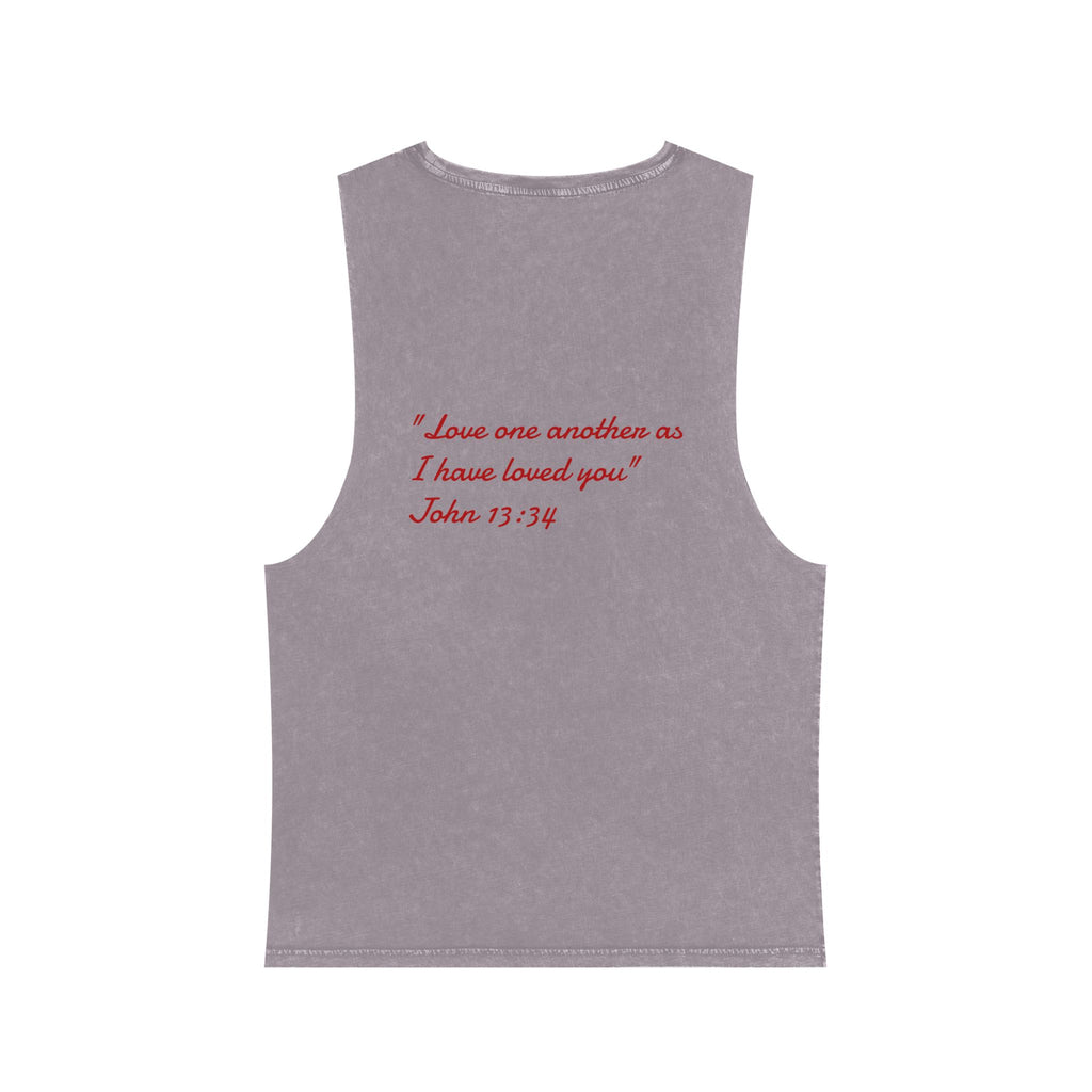 Stonewash Tank Top with Red Scripture Print — "Love one another as I have loved you" (John 13:34)