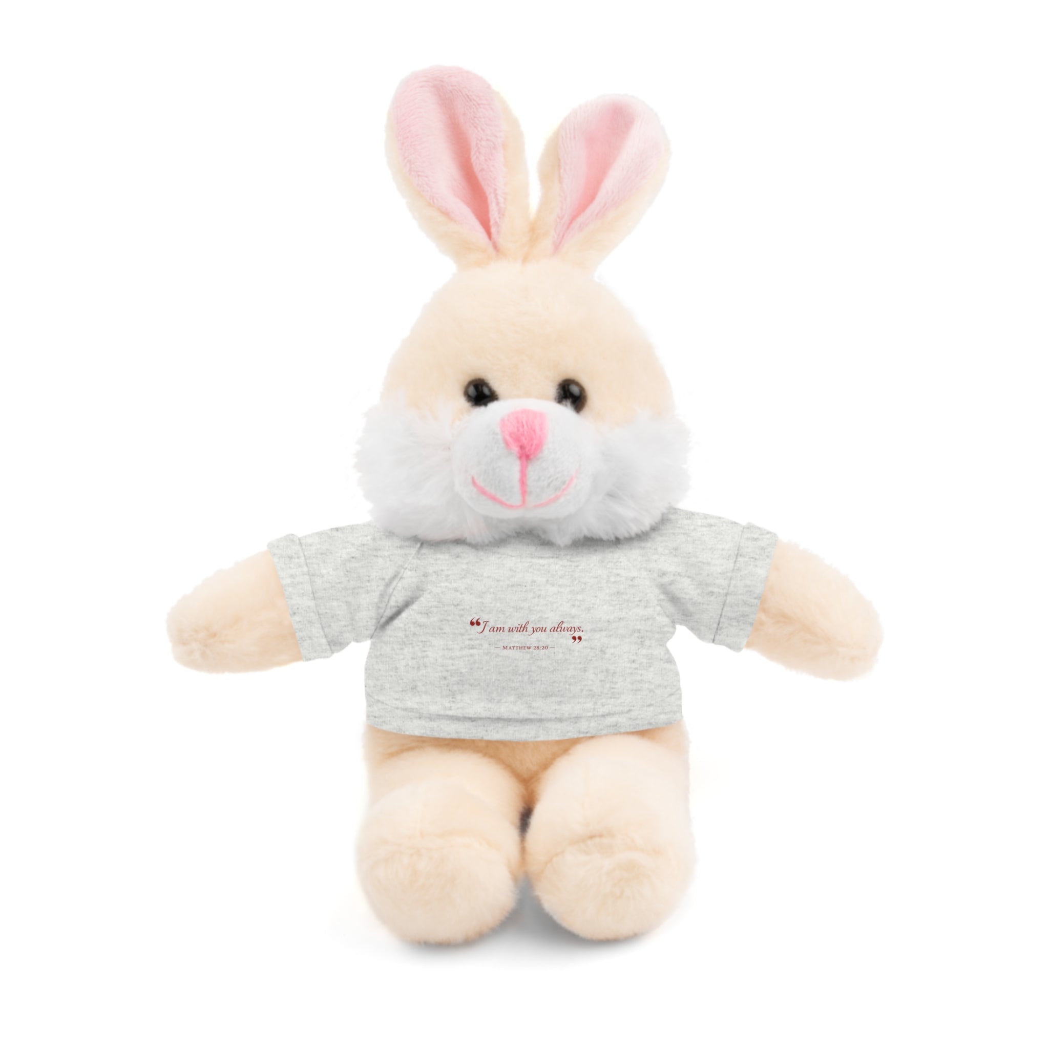 Plush Bear with “I am with you always.” — Matthew 28:20 Custom Tee – Soft Brown Teddy Gift